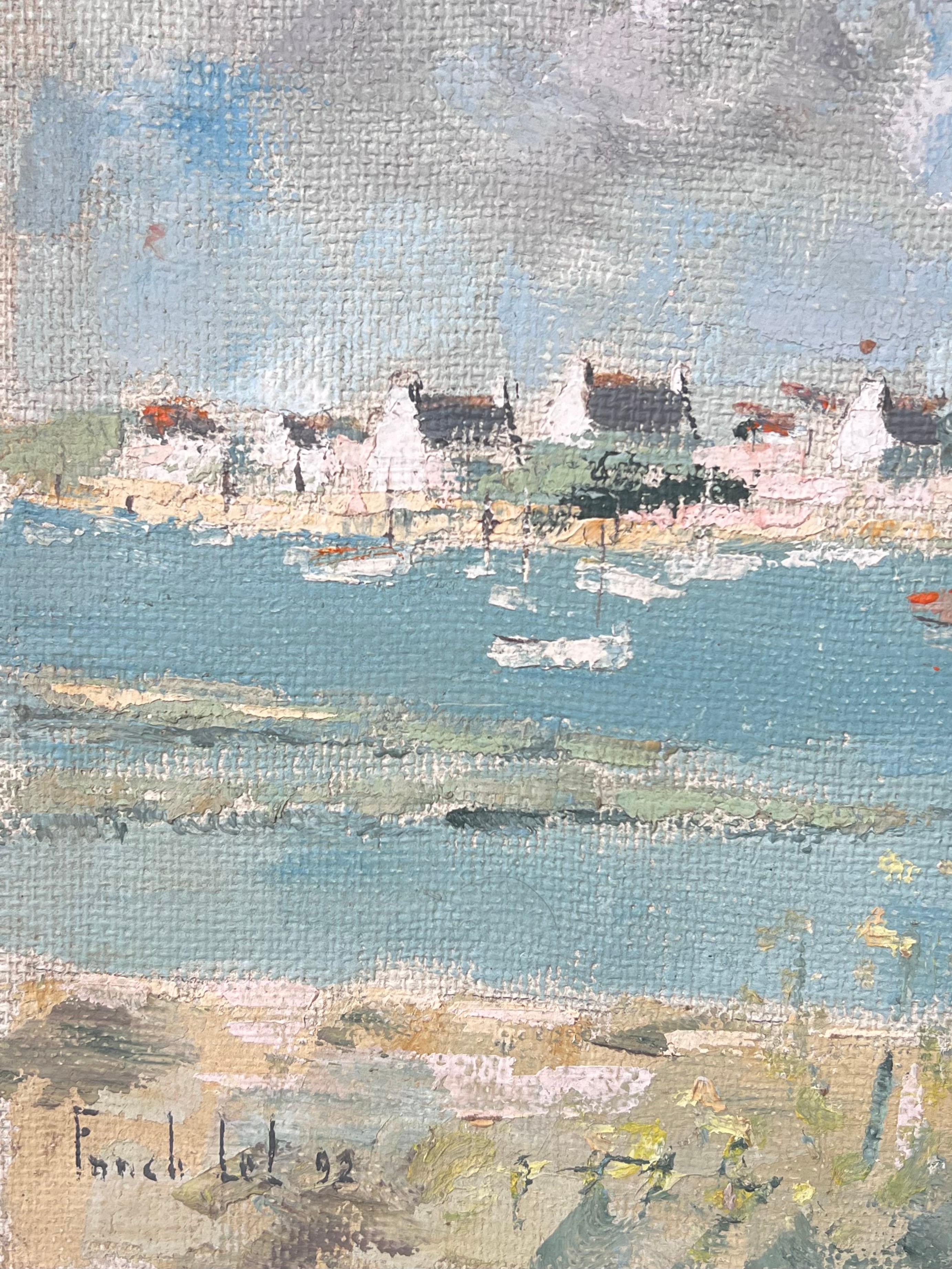 Summers Day Blue Coastal Beach Signed Ölgemälde Landschaft (Grau), Landscape Painting, von Fanch Lel