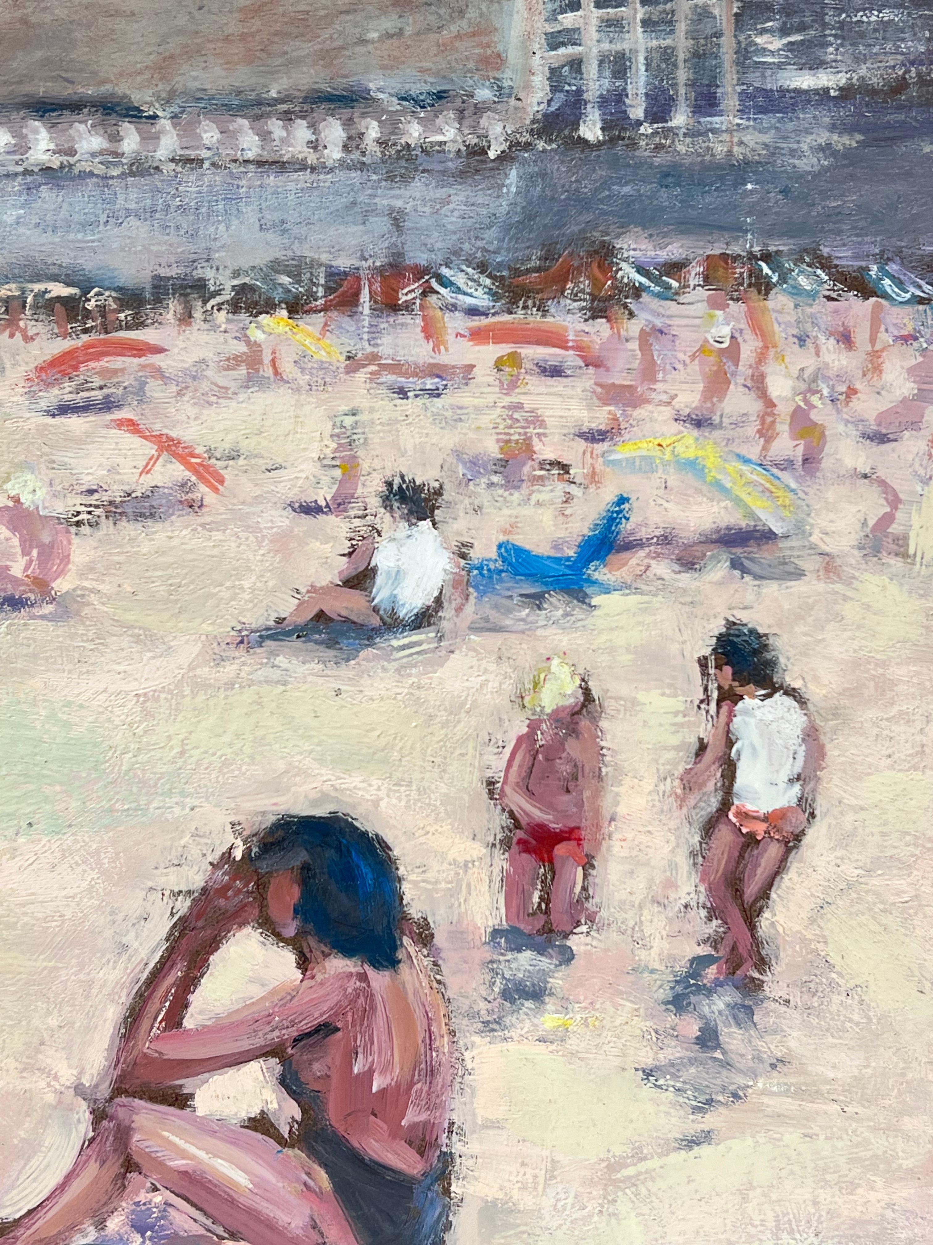 Bagnanti che si rilassano in una giornata di sole sulla spiaggia di Dinan, La Plage Francia - Landscape Painting Grigio di Fanch Lel