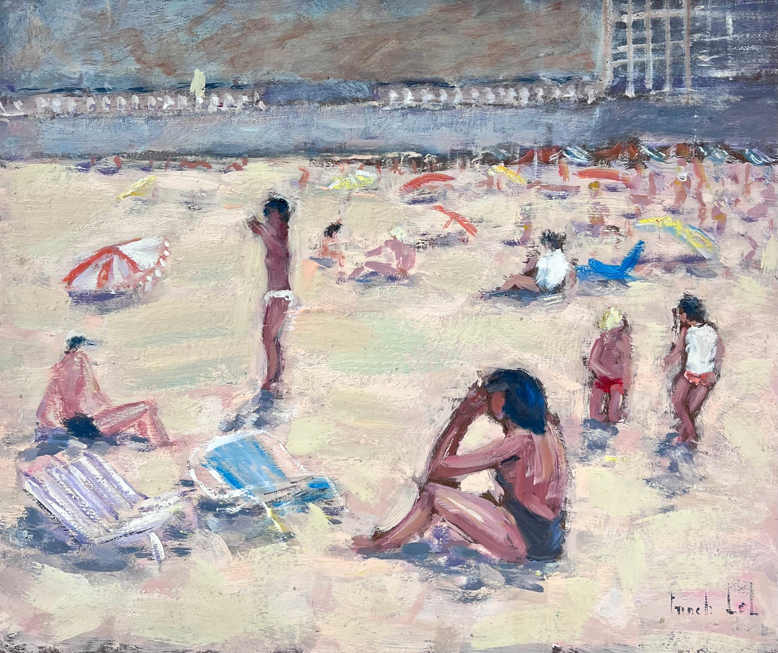 Landscape Painting di Fanch Lel - Bagnanti che si rilassano in una giornata di sole sulla spiaggia di Dinan, La Plage Francia