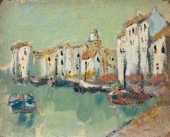 Fanch Lel - Sunlit Coastal Town with Boats in a Harbor French Oil Impressionist Painting Sunlit Coastal Town with Boats in a Harbor French Oil Impressionist Painting