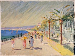 Sunlit Nice Promenade with Palm Trees, Figures and Azure Coast French Oil