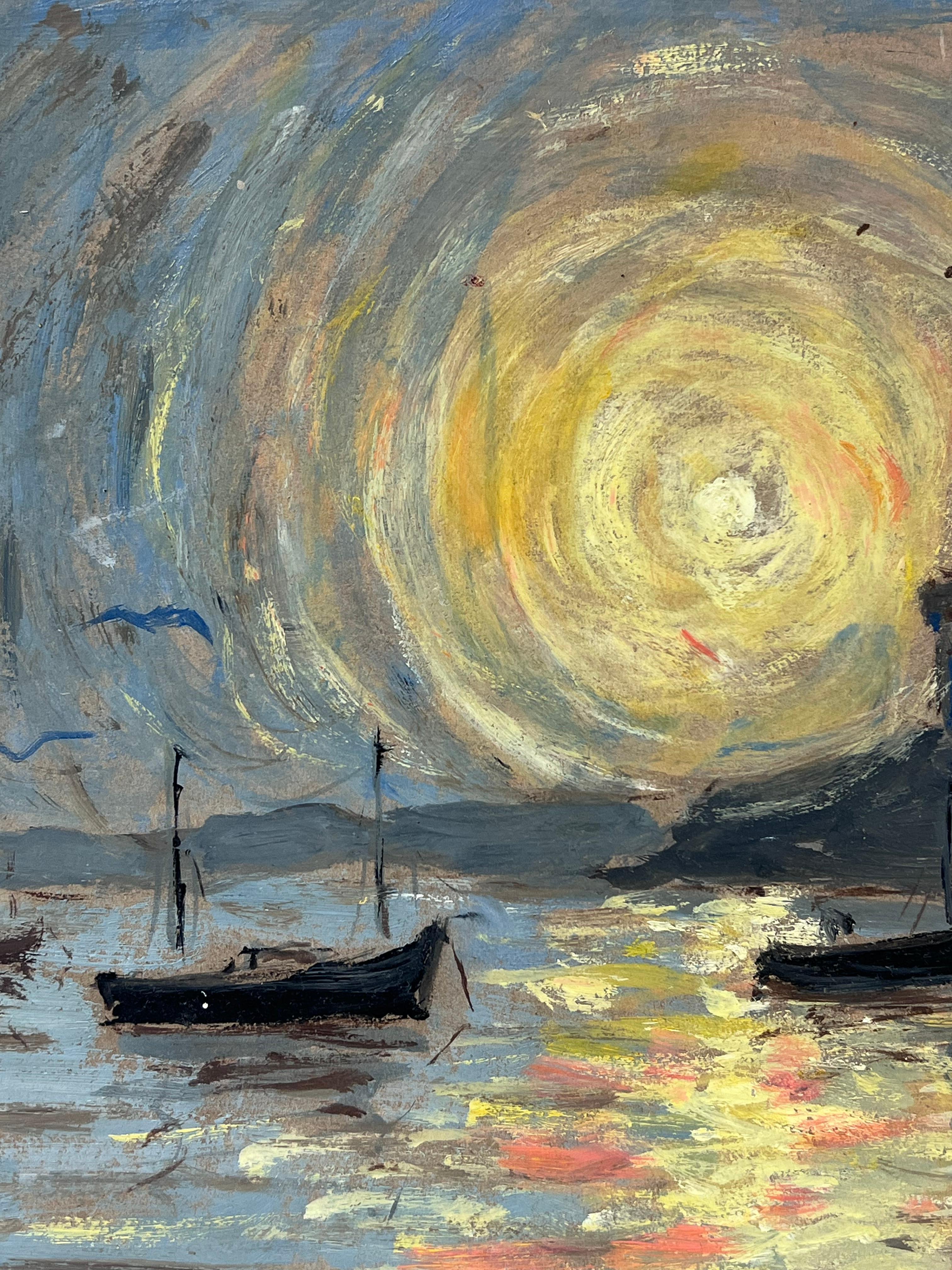 Remolino de Puesta de Sol Dorada Sobre el Puerto de Barcos Torre Soildor Bretaña Francia - Landscape Painting Gris de Fanch Lel