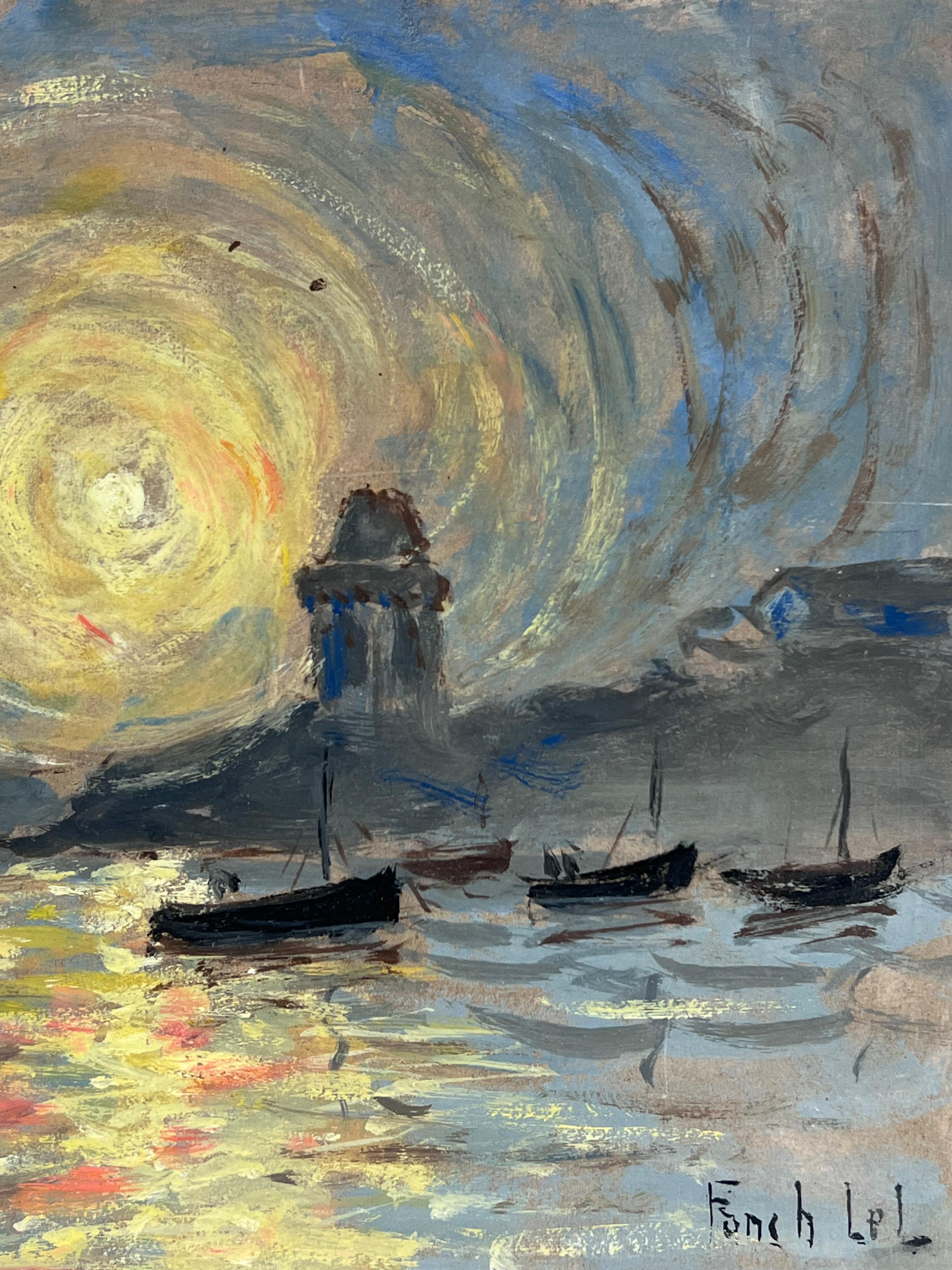 Puesta de sol arremolinada
firmado por Fanch Lel (francés, 1930)
tamaño: 9,5 x 12 pulgadas
verso de la inscripción
óleo sobre tabla, sin enmarcar
estado: el cuadro está en muy buen estado. Antes estaba guardado en el estudio del artista.