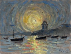 Vorticoso tramonto dorato sul porto di Soildor Tower Bretagna Francia