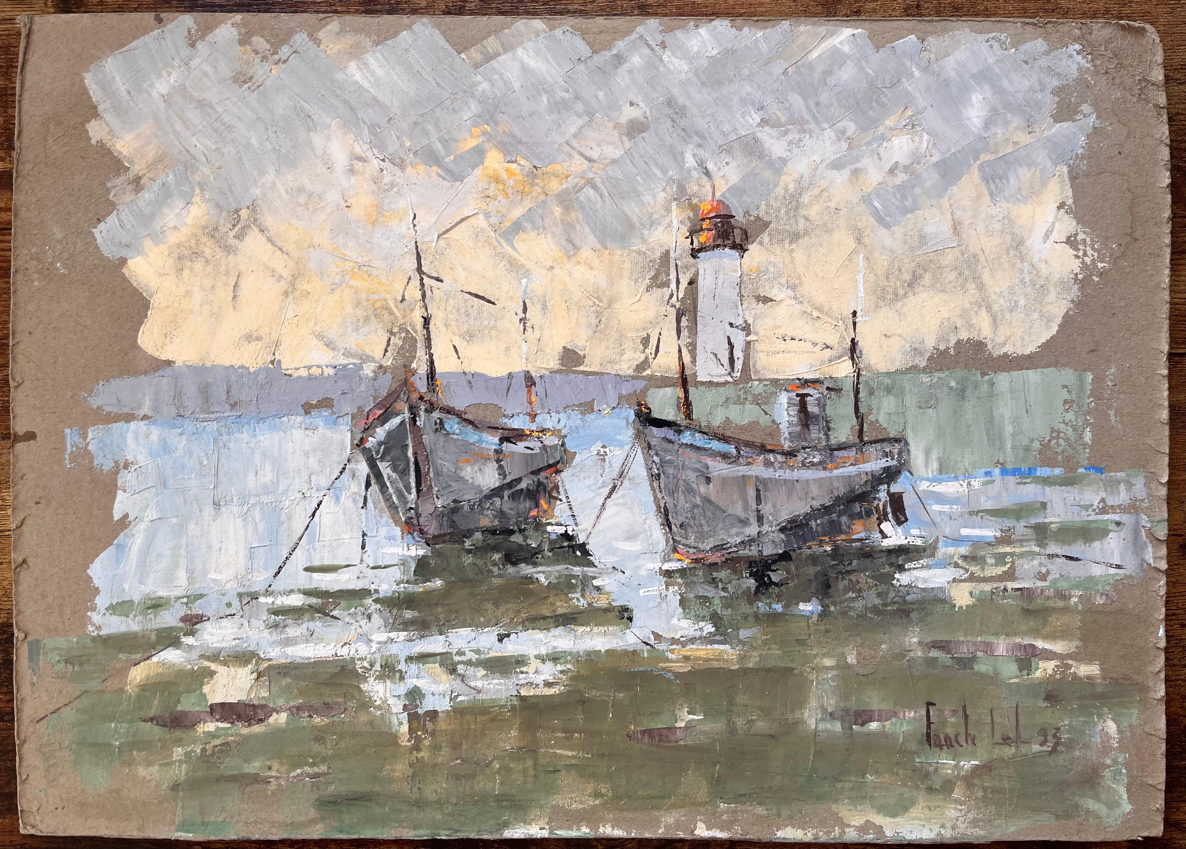 Texturiertes Coastal-Ölgemälde von Fischerbooten und Leuchtturm mit dramatischem Himmel, Ölgemälde – Painting von Fanch Lel