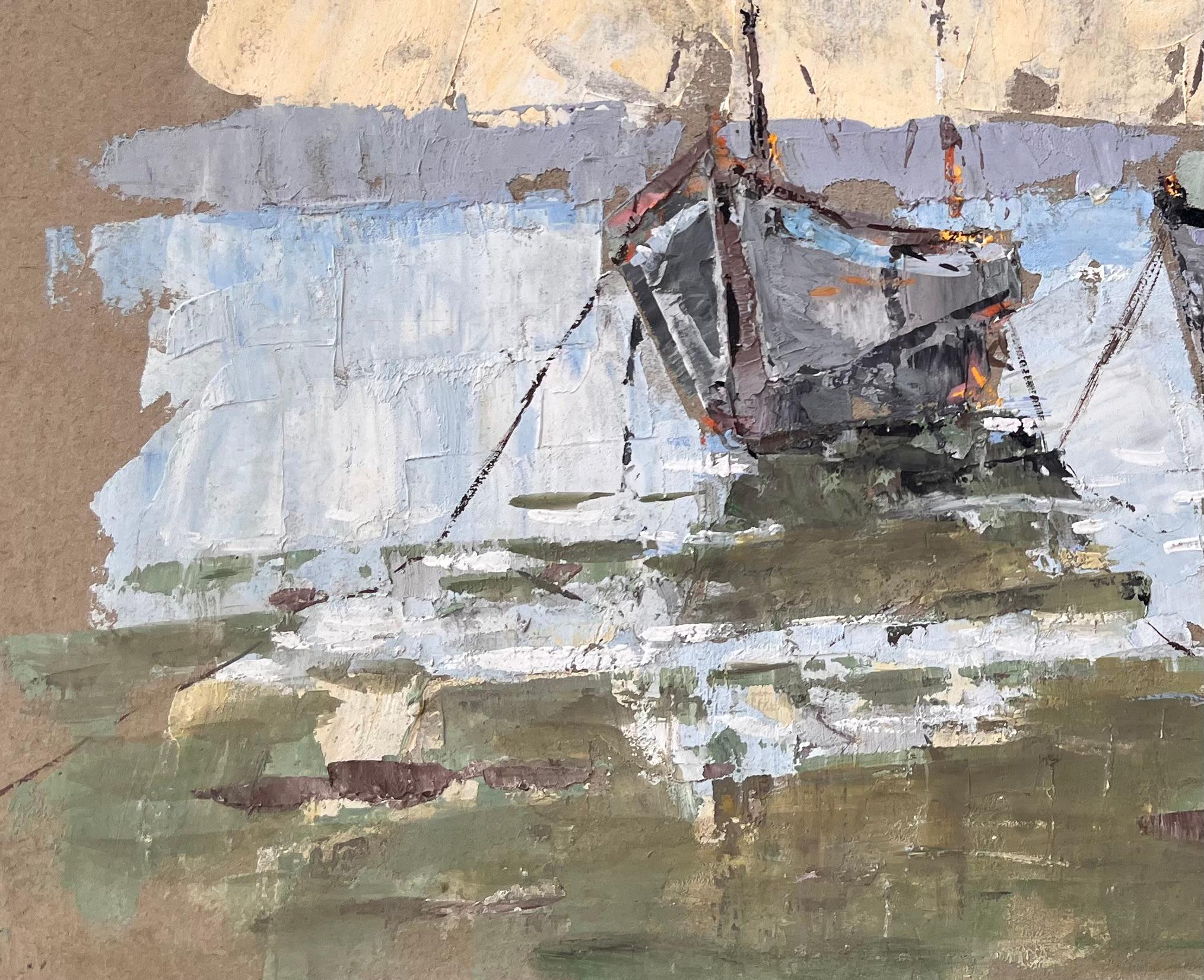 Texturiertes Coastal-Ölgemälde von Fischerbooten und Leuchtturm mit dramatischem Himmel, Ölgemälde (Impressionismus), Painting, von Fanch Lel