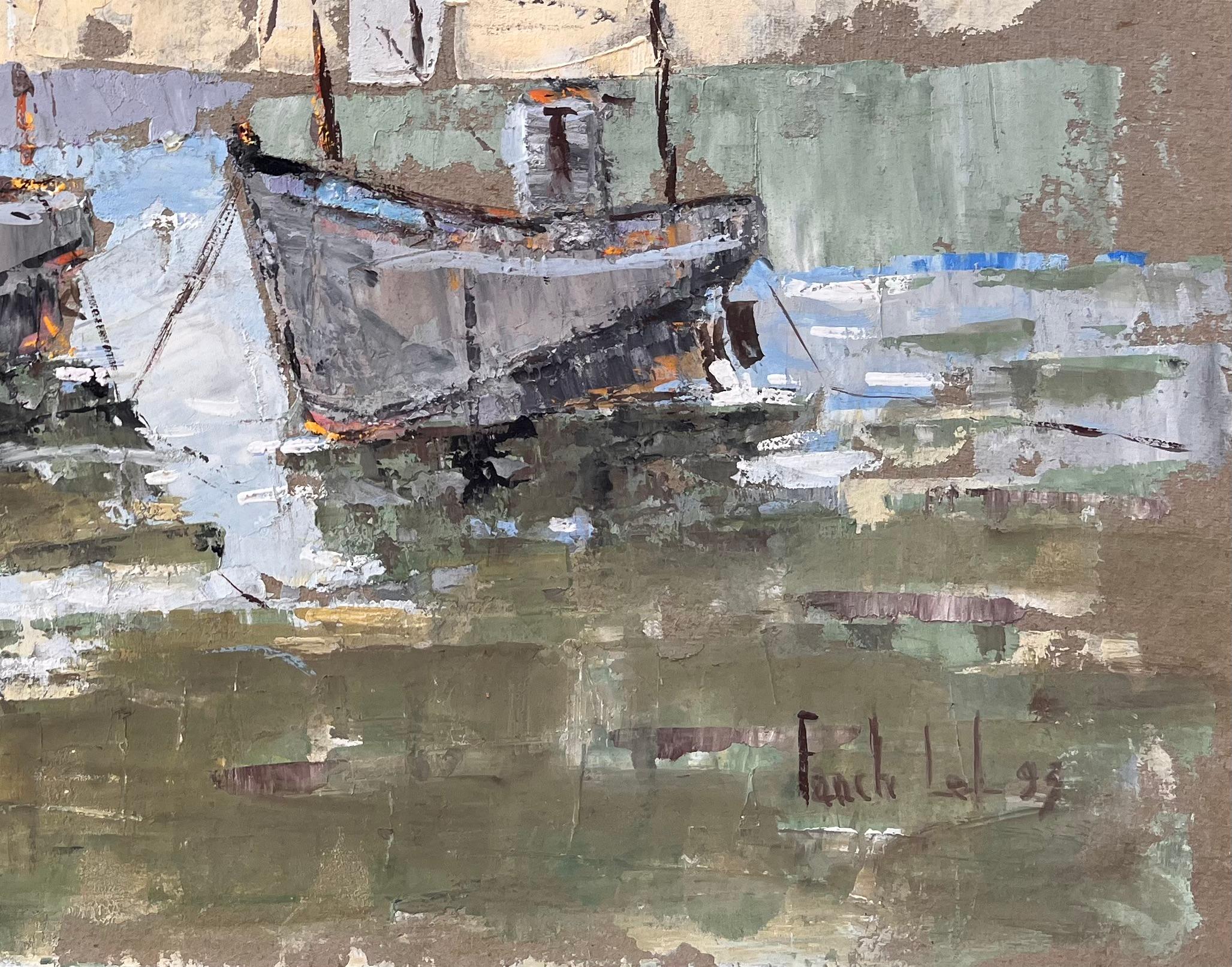 Texturiertes Coastal-Ölgemälde von Fischerbooten und Leuchtturm mit dramatischem Himmel, Ölgemälde (Grau), Abstract Painting, von Fanch Lel