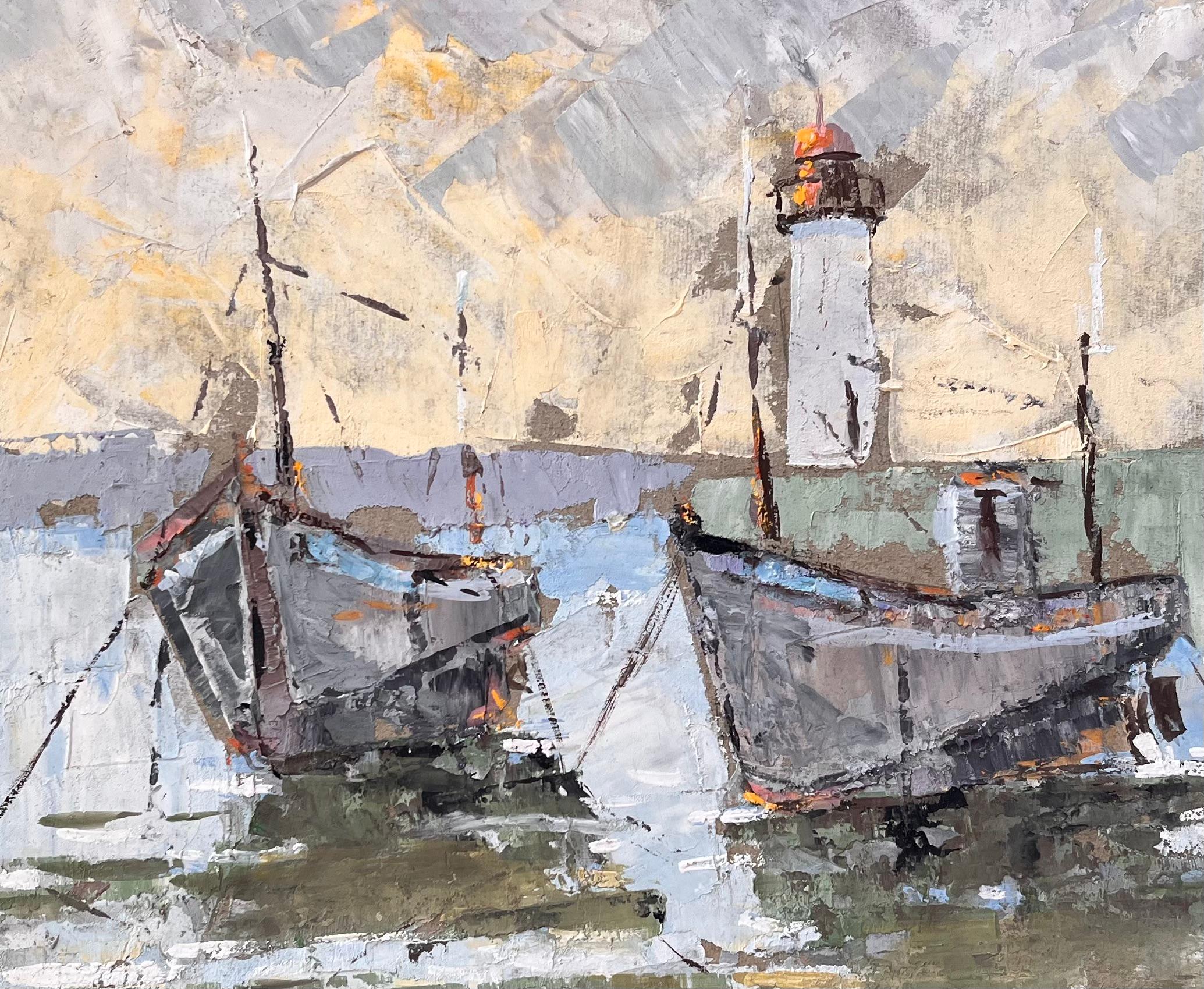 Texturiertes Coastal-Ölgemälde von Fischerbooten und Leuchtturm mit dramatischem Himmel, Ölgemälde im Angebot 2