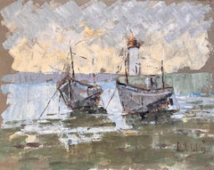 Textured Coastal Oil Painting of Fishing Boats and Lighthouse with Dramatic Sky