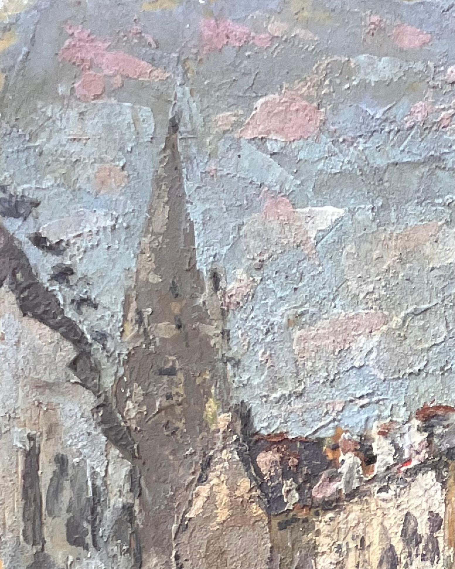 Titre : Scène de rue impressionniste texturée avec la flèche d'une église dans la lumière chaude de l'après-midi
par Fanch Lel
Taille : 9,5 pouces (hauteur) x 7,75 pouces (largeur)
Moyen d'expression : Huile sur carton, non encadrée
Condit : Le