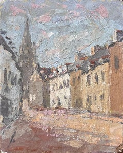 Textured Impressionist Street Scene with Church Spire in Warm Afternoon Light