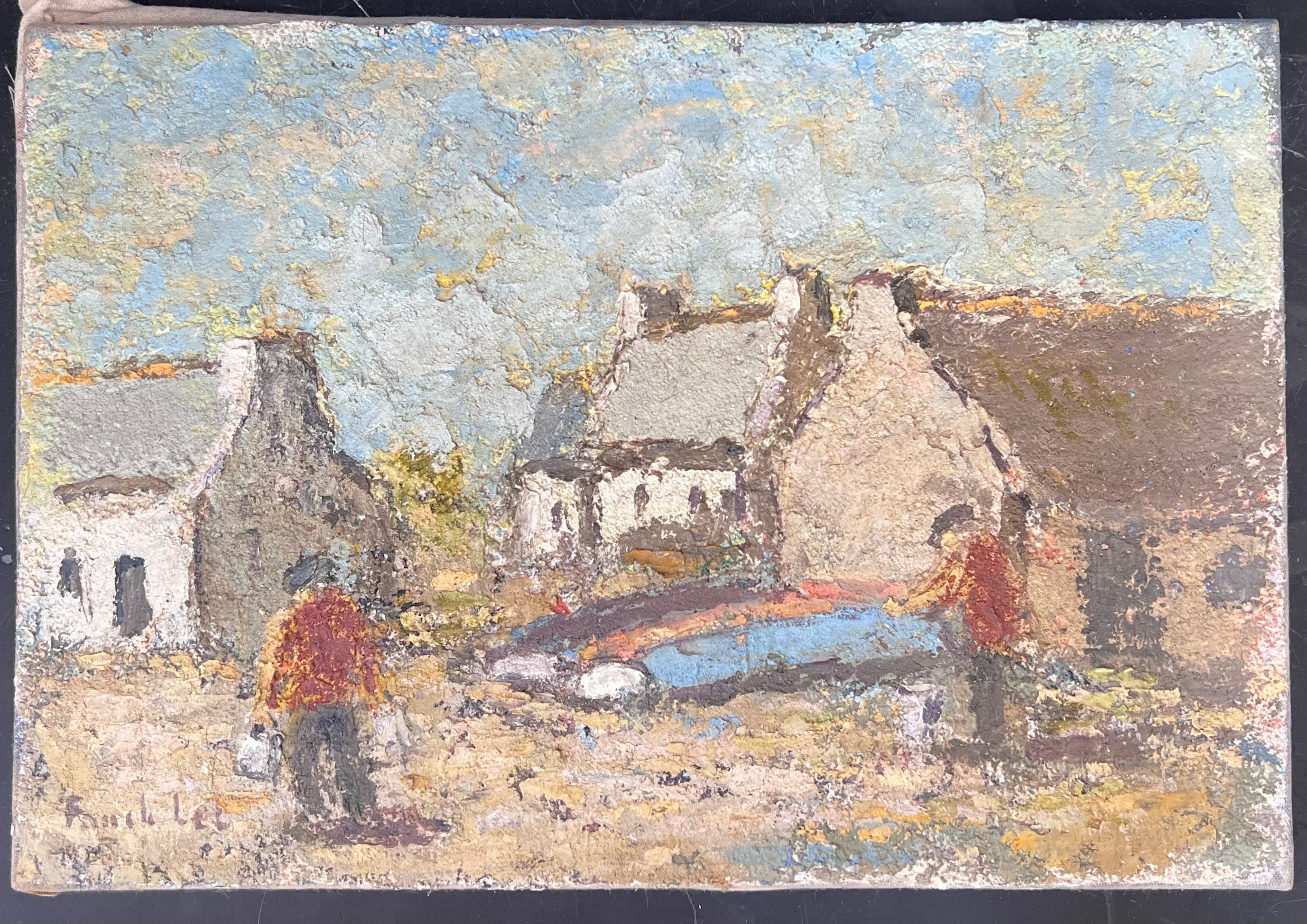 The Fisherman In Preparation In A French Village Landscape Oil Painting - Gray Figurative Painting by Fanch Lel