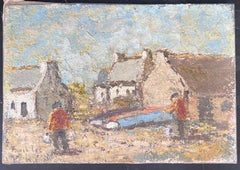 Le pêcheur en préparation dans un village français Peinture à l'huile de paysage