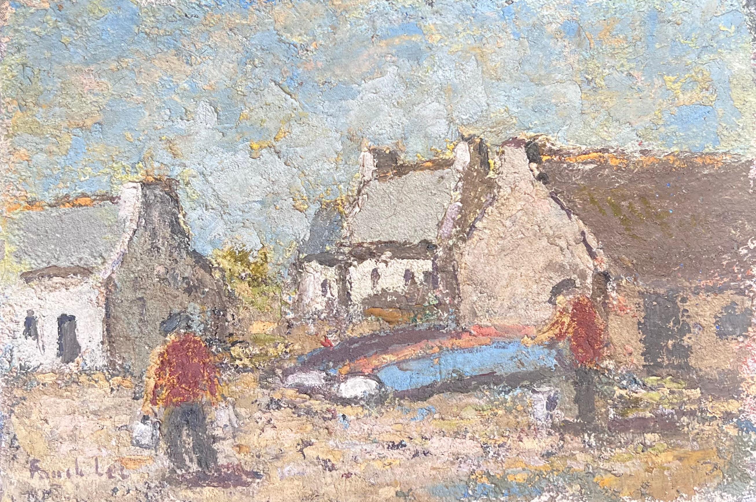 Fanch Lel Figurative Painting - The Fisherman In Preparation In A French Village Landscape Oil Painting