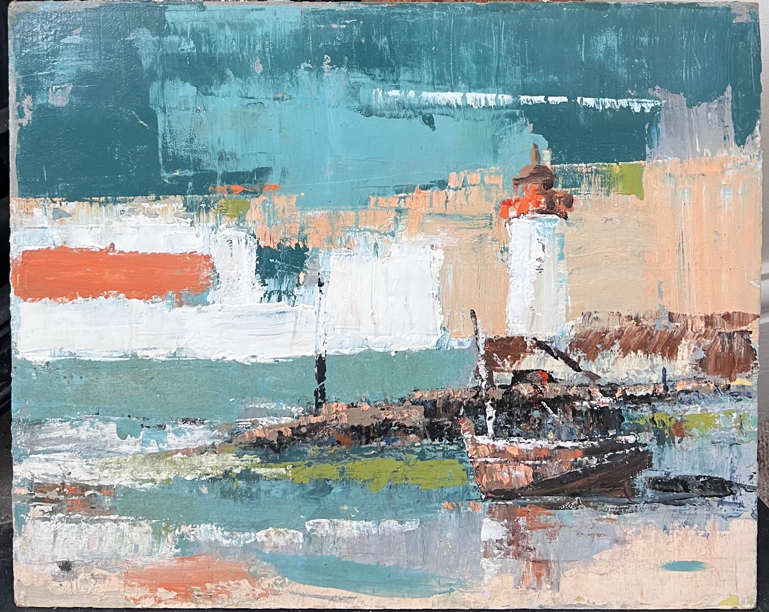 El faro naranja y blanco en el espeso puerto azul y blanco Pintura al óleo - Painting de Fanch Lel