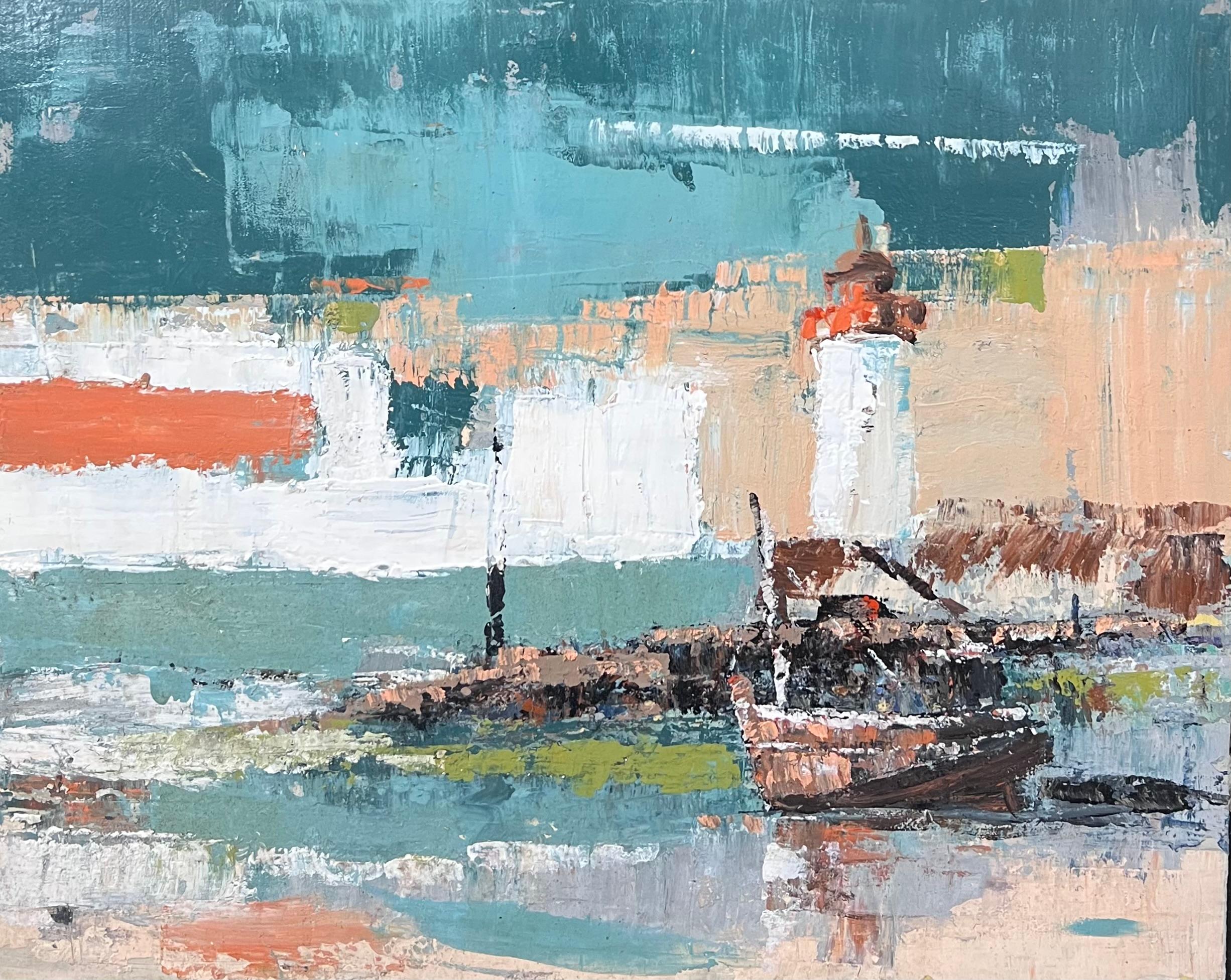 El faro naranja y blanco en el espeso puerto azul y blanco Pintura al óleo - Abstract Painting Gris de Fanch Lel