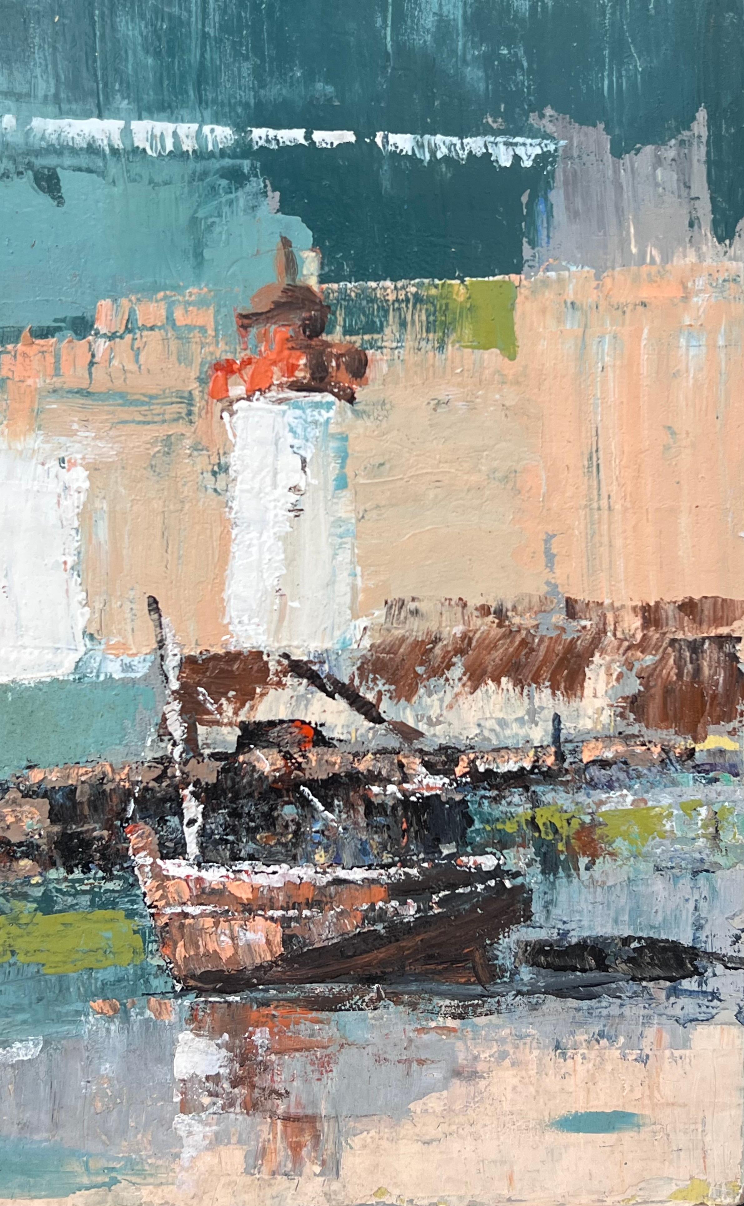 El faro naranja y blanco en el espeso puerto azul y blanco Pintura al óleo en venta 1
