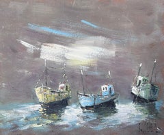 Three Boats In The Grey Foggy Shores Landscape Oil Painting