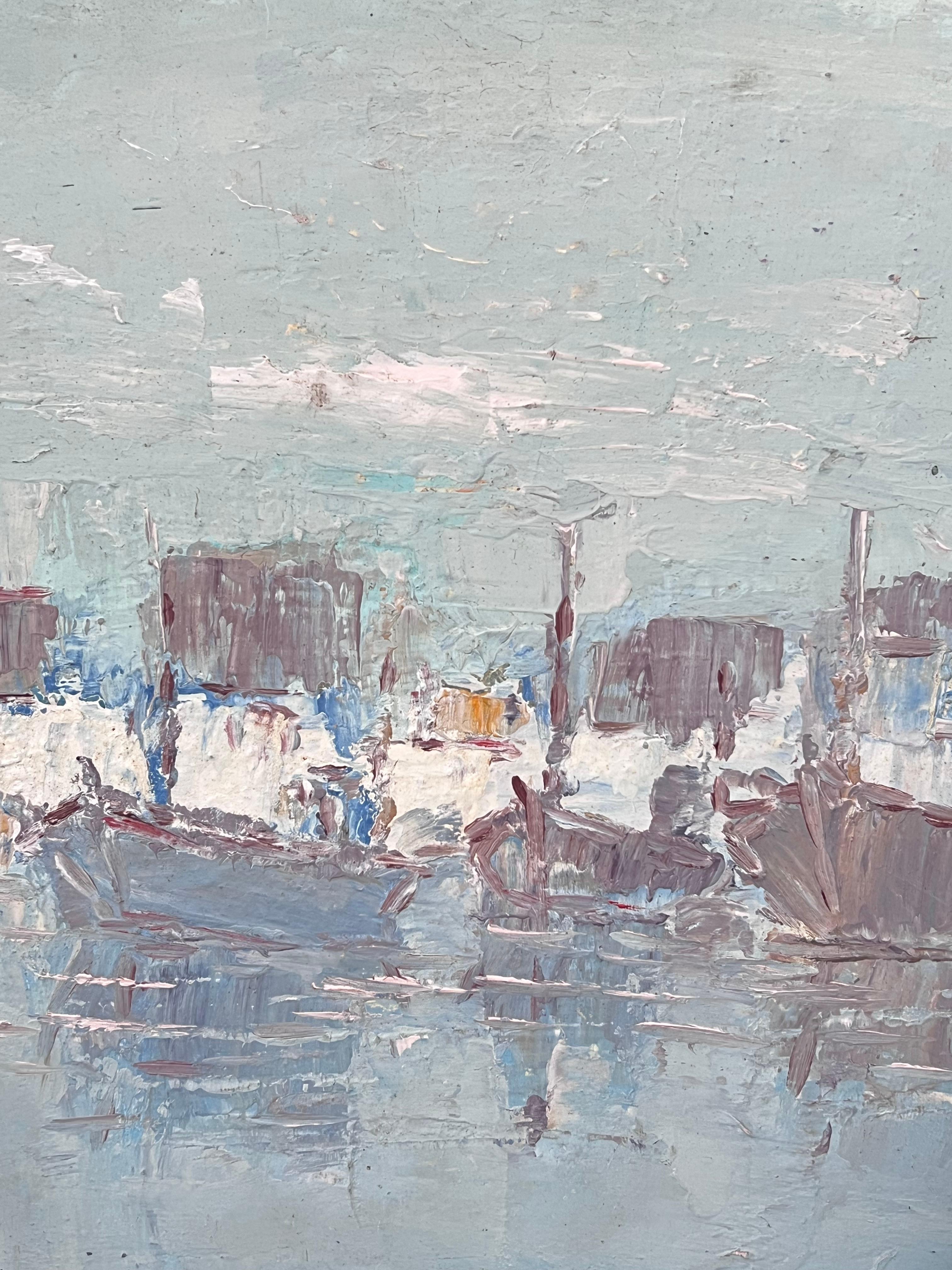 Drei graue Boote in blauem dicken Öl Meer Ölgemälde Landschaft – Painting von Fanch Lel