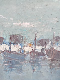 Tres Barcos Grises en Azul Grueso Óleo Mar Pintura al Óleo Paisaje