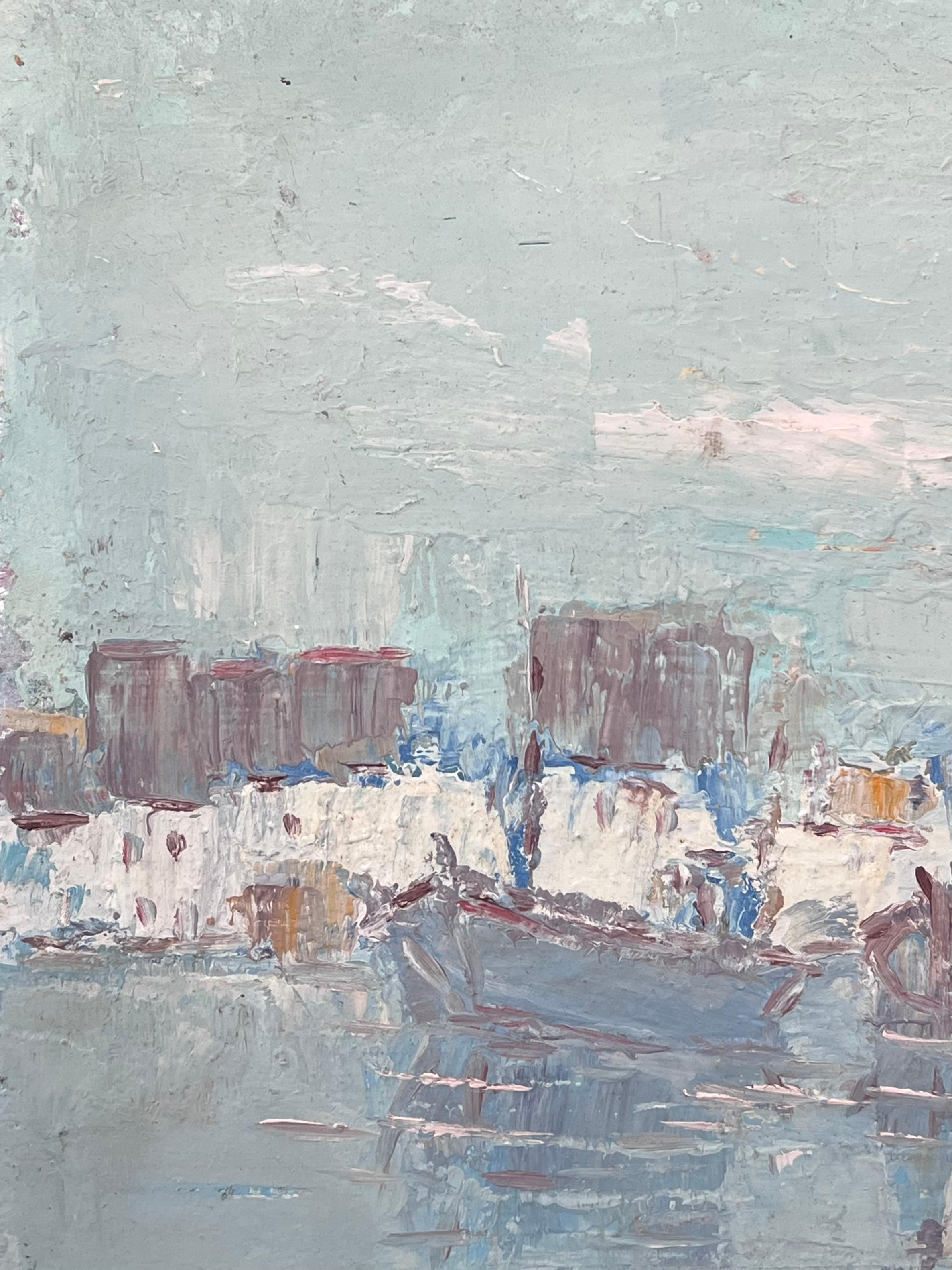 Drei graue Boote in blauem dicken Öl Meer Ölgemälde Landschaft (Impressionismus), Painting, von Fanch Lel