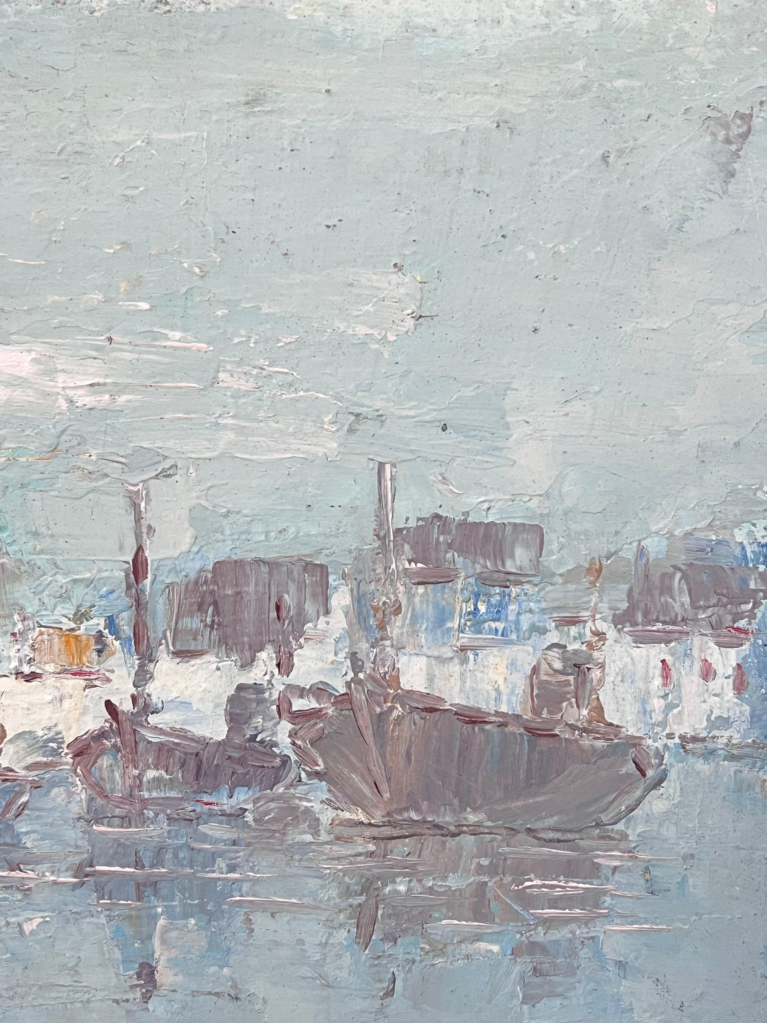 Drei graue Boote in blauem dicken Öl Meer Ölgemälde Landschaft (Grau), Landscape Painting, von Fanch Lel