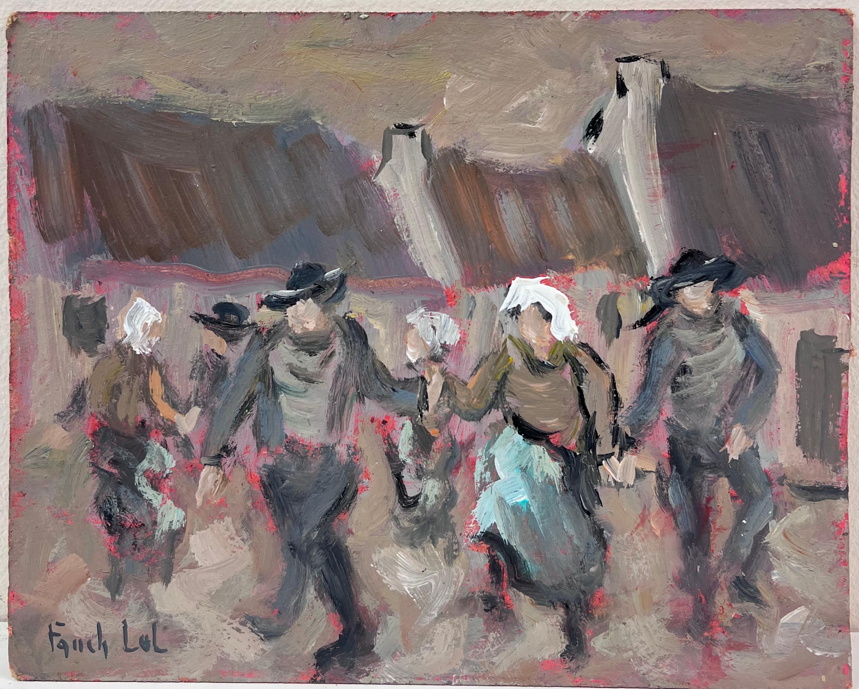 Figure di danza tradizionale del villaggio in movimento che festeggiano in un cortile rustico - Painting di Fanch Lel