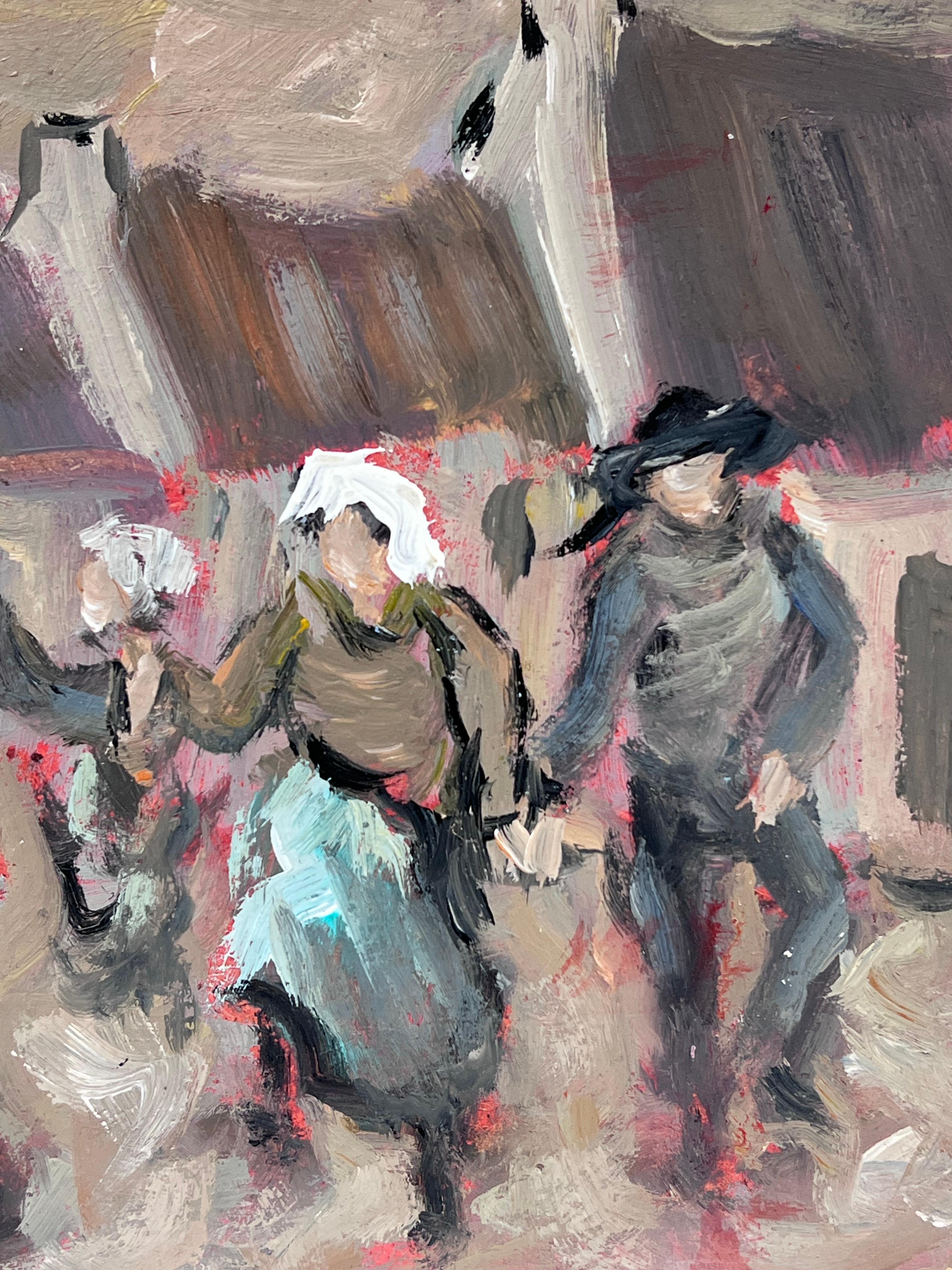 Figure di danza tradizionale del villaggio in movimento che festeggiano in un cortile rustico - Painting Impressionismo di Fanch Lel