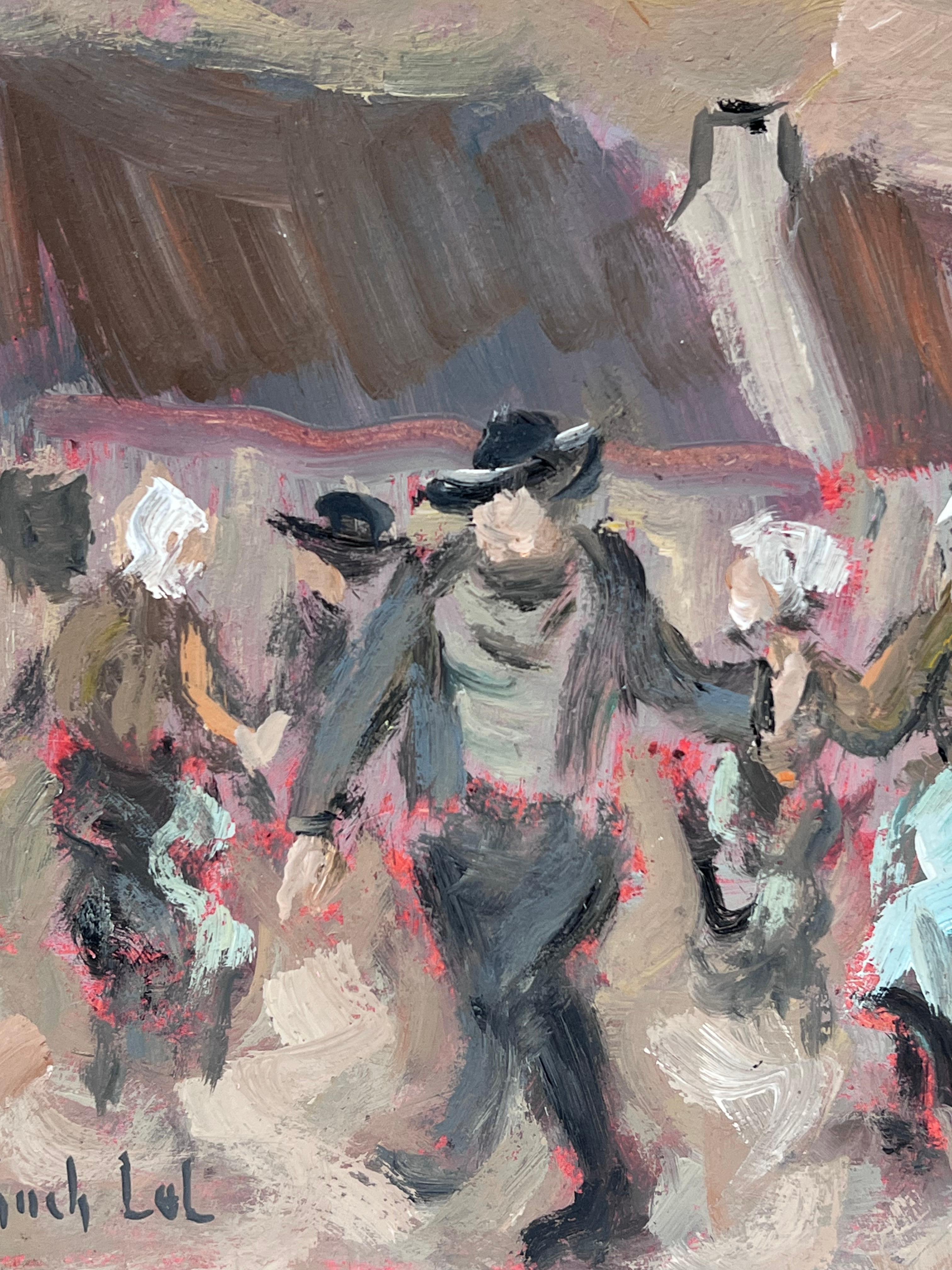 Figure di danza tradizionale del villaggio in movimento che festeggiano in un cortile rustico - Figurative Painting Grigio di Fanch Lel