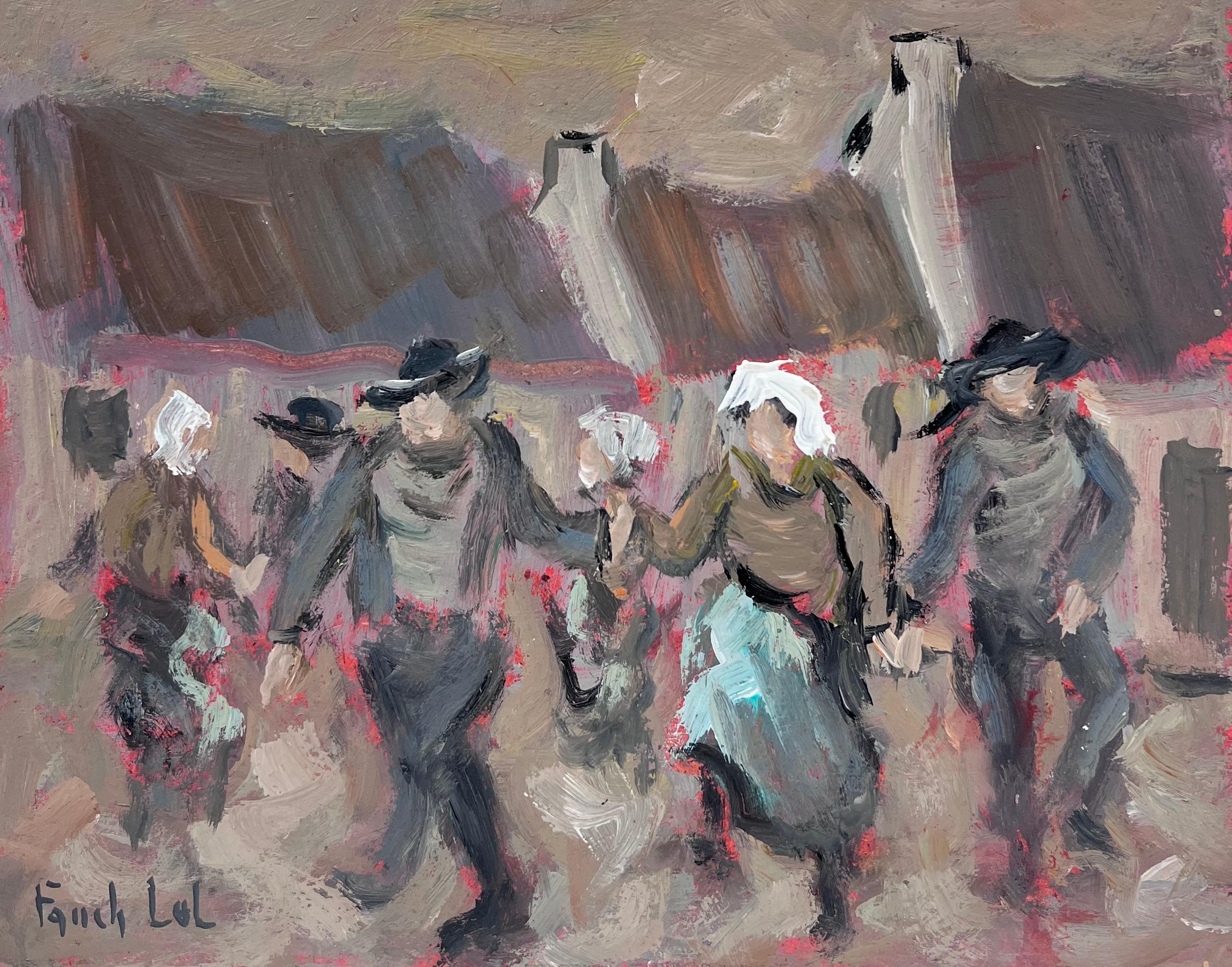 Figurative Painting di Fanch Lel - Figure di danza tradizionale del villaggio in movimento che festeggiano in un cortile rustico