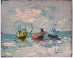 Trio of Colorful Fishing Boats Floating on Tranquil Waters Under Clouded Sky