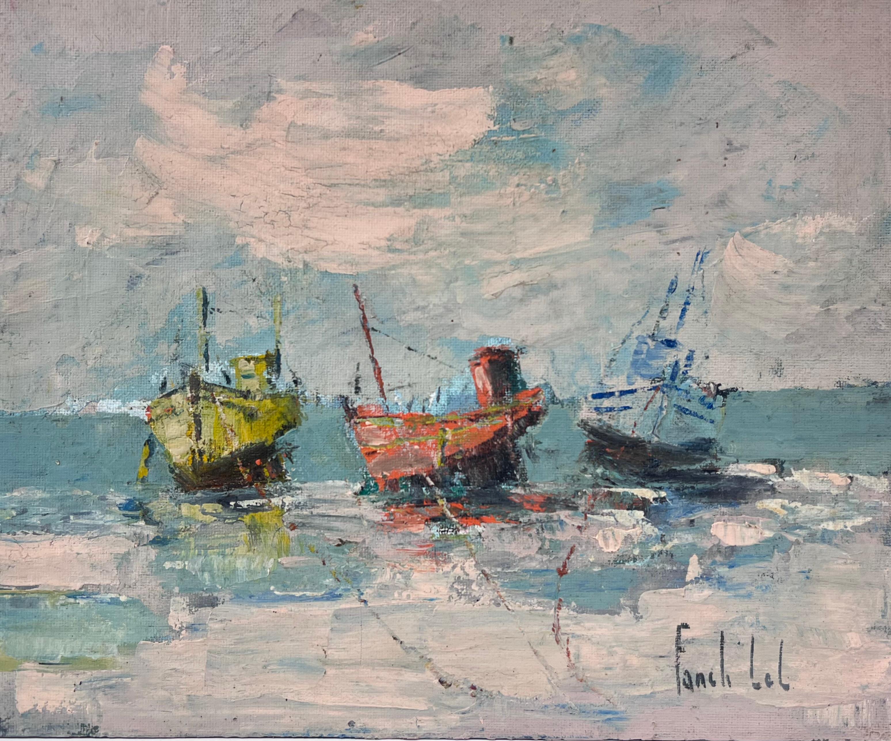 Landscape Painting di Fanch Lel - Trio di barche da pesca colorate che galleggiano su acque tranquille sotto un cielo nuvoloso