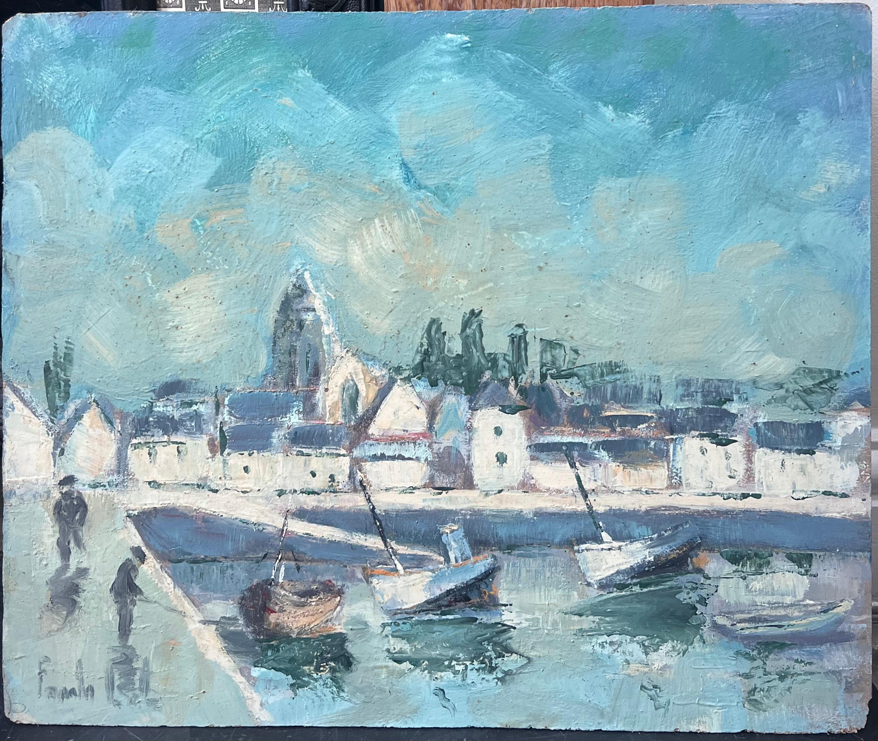 Turquoise Harbour 
Signed by Fanch Lel
Size: 14 x 17.5 inches (height x width)
Oil painting on board, unframed
Condition: Good condition overall with minor surface handling marks and light wear to edges, consistent with its medium and vintage