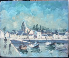 Peinture à l'huile turquoise bleu vif et ciel du port de Townes