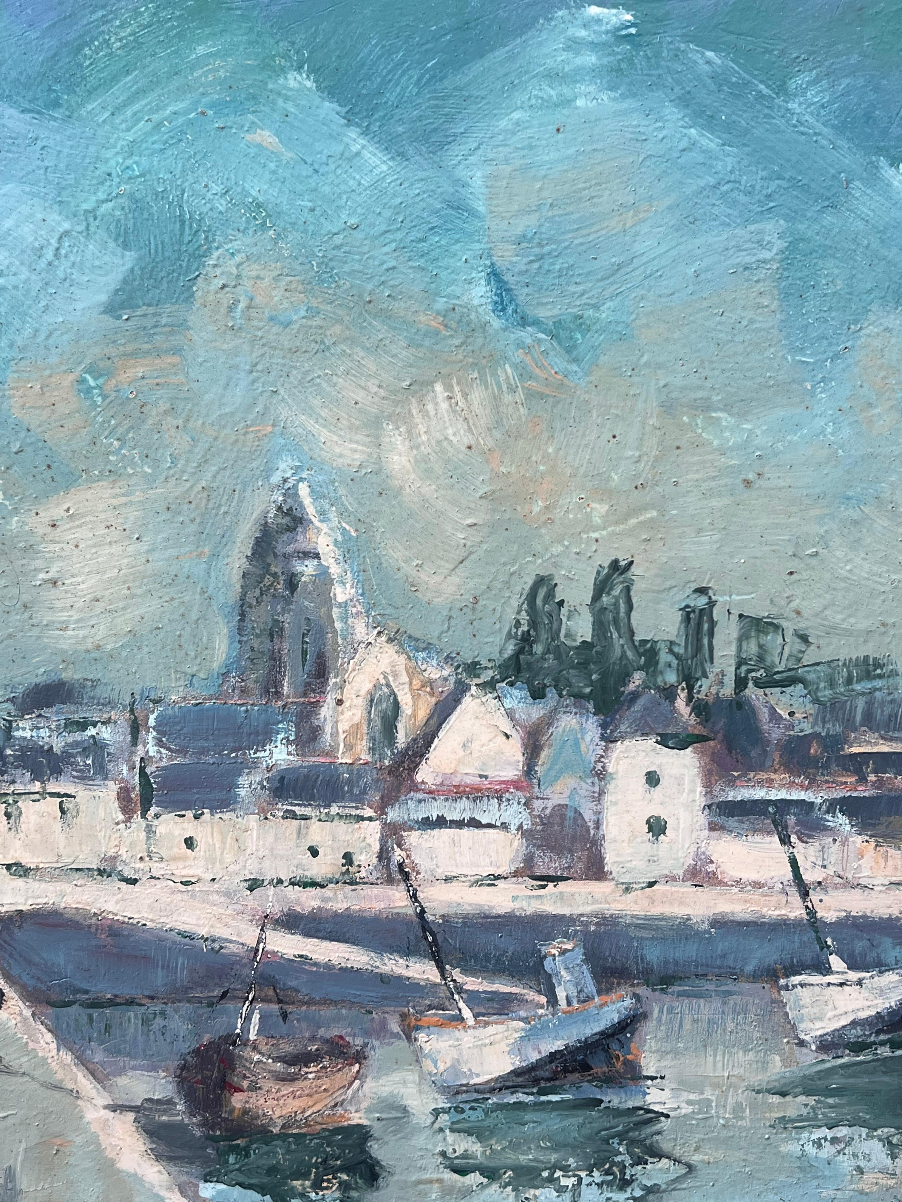 Turquoise Bright Blue & Sky French Town Harbour Oil Painting For Sale 2