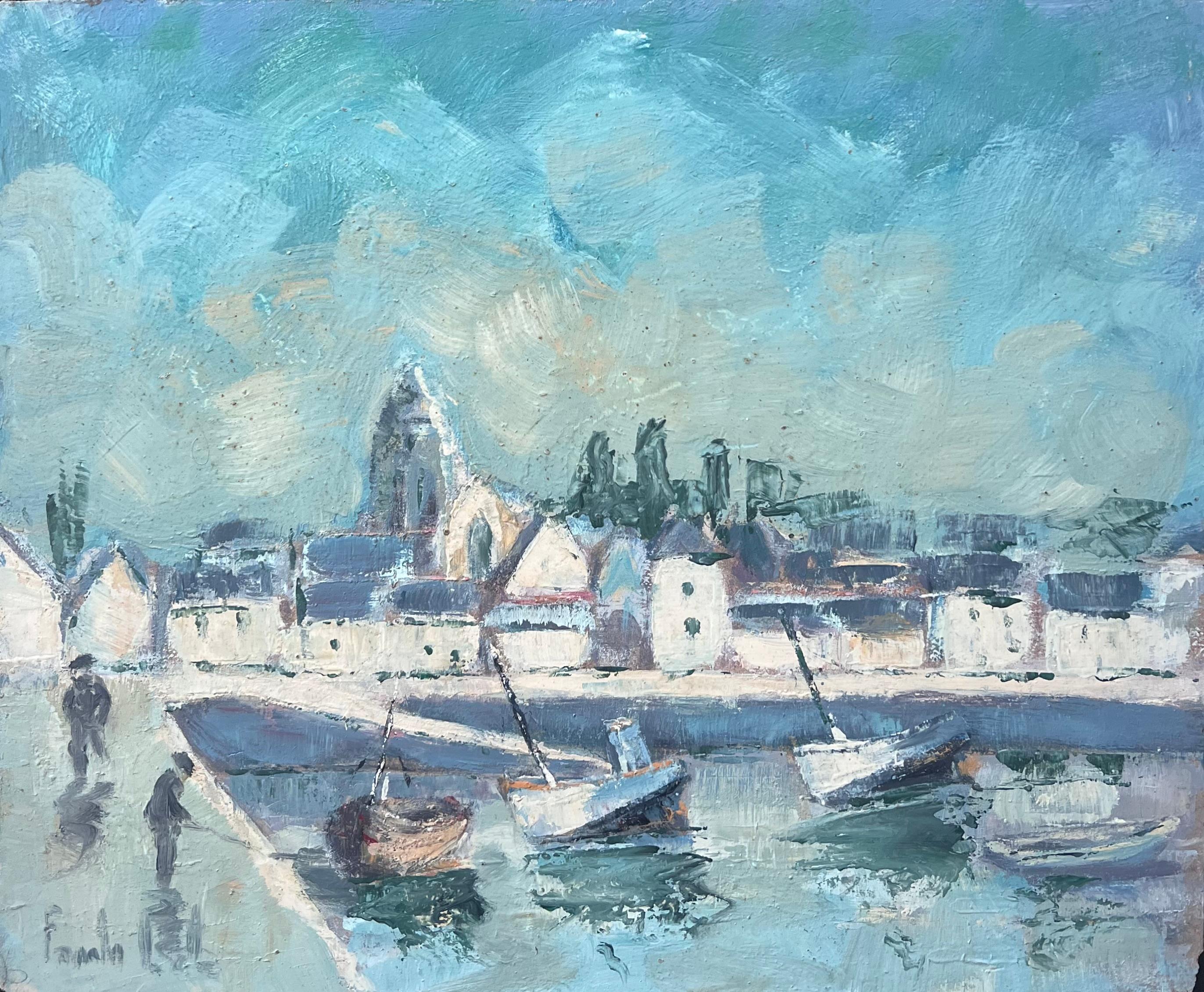 Turquoise Bright Blue & Sky French Town Harbour Oil Painting For Sale 3