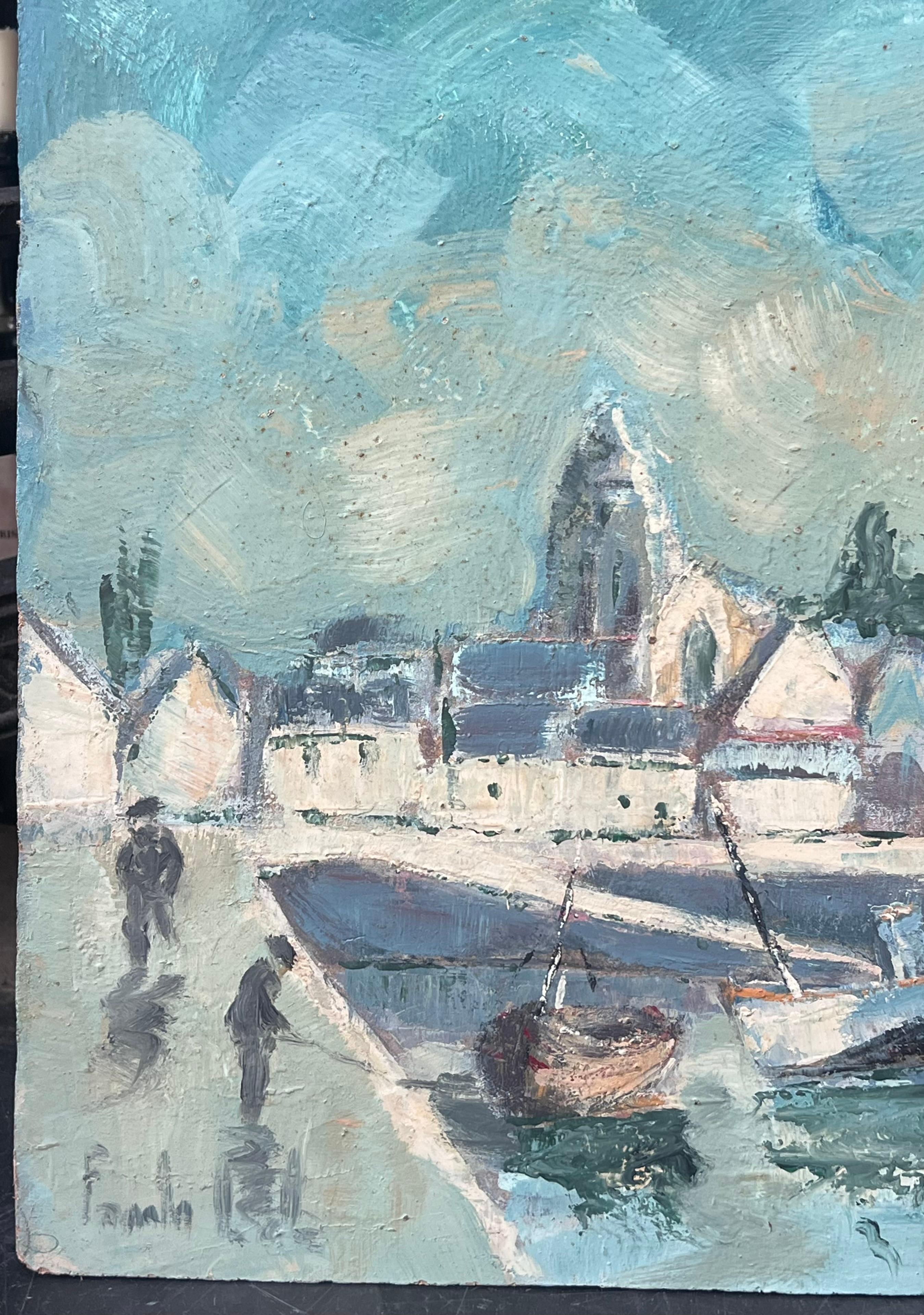 Turquoise Bright Blue & Sky French Town Harbour Oil Painting For Sale 4