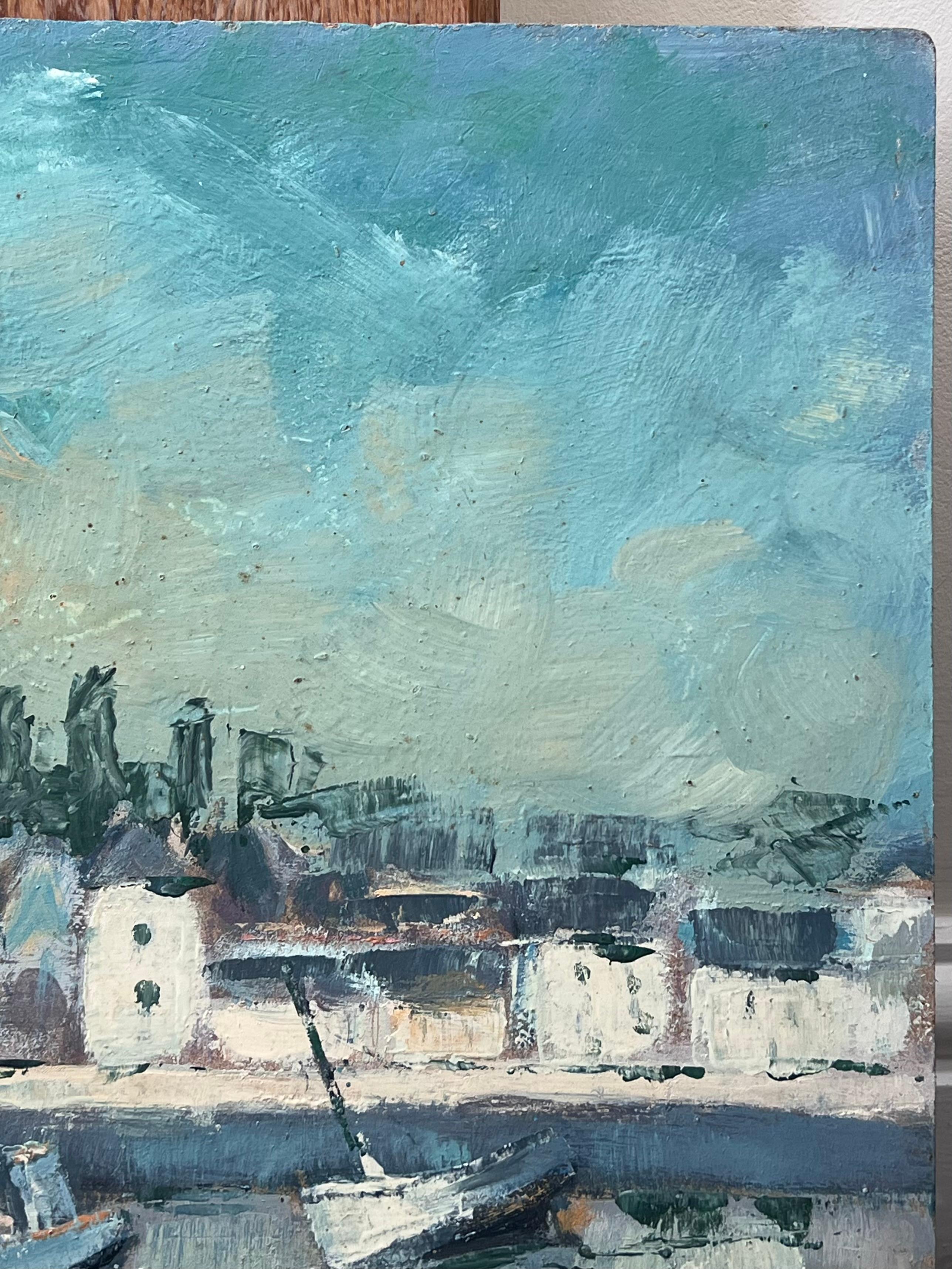 Turquoise Bright Blue & Sky French Town Harbour Oil Painting For Sale 5