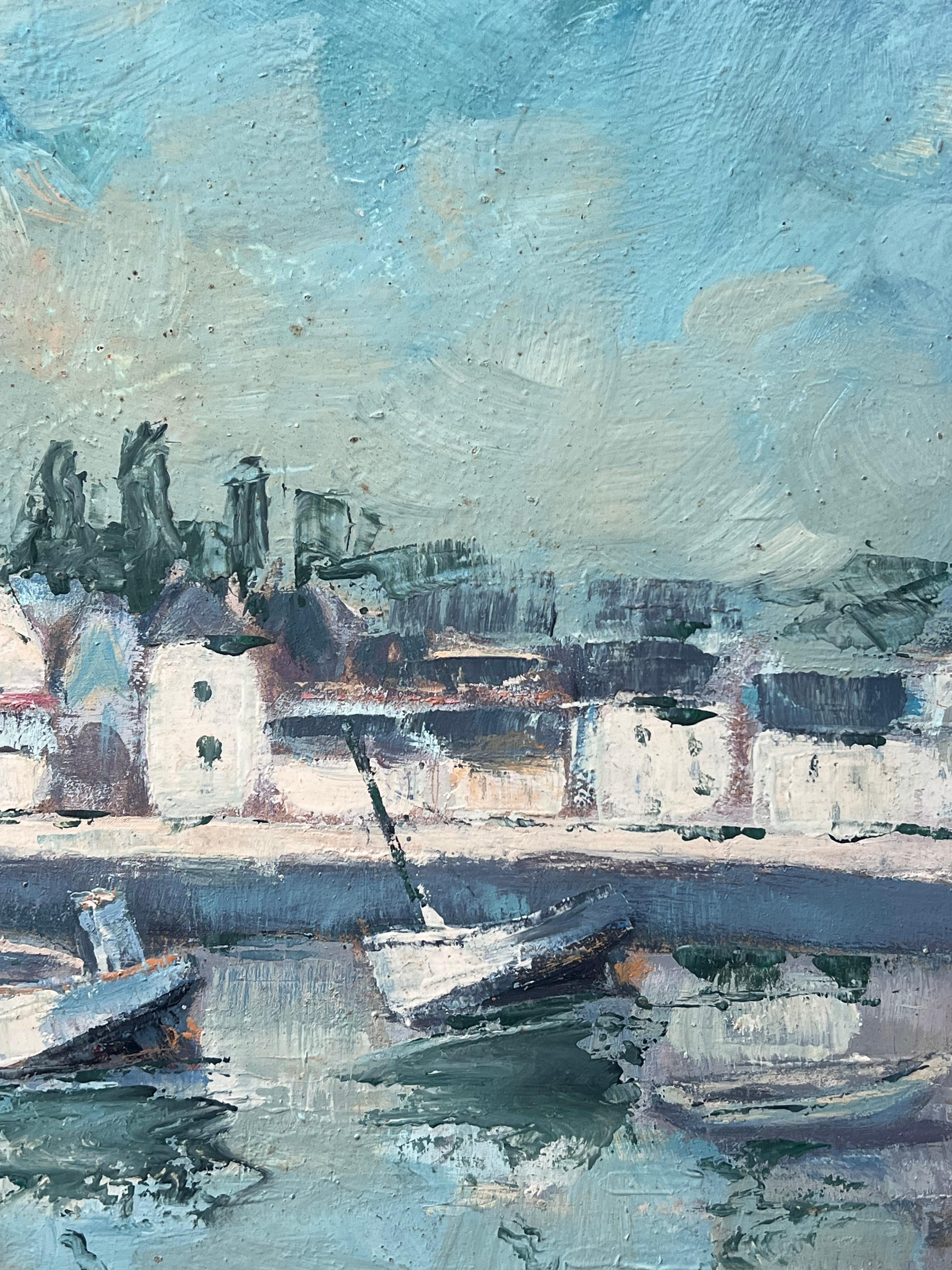 Turquoise Bright Blue & Sky French Town Harbour Oil Painting For Sale 6