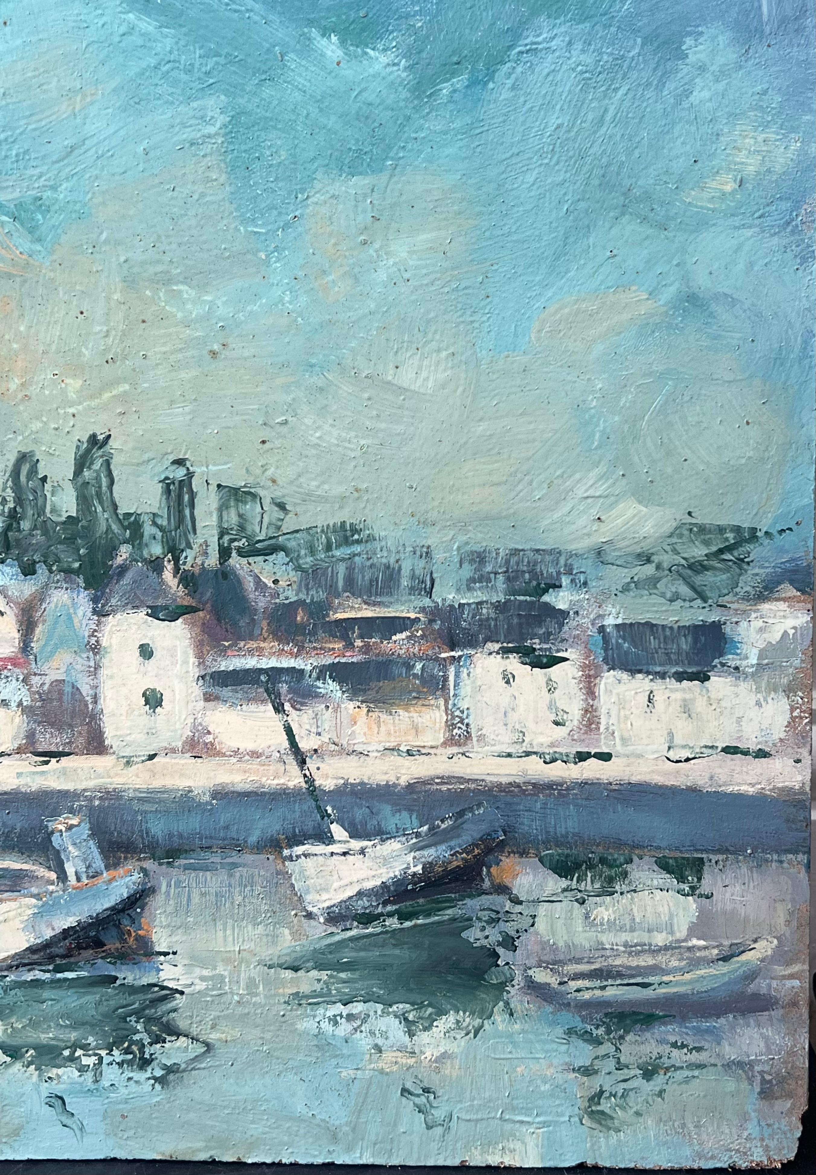 Turquoise Bright Blue & Sky French Town Harbour Oil Painting For Sale 7