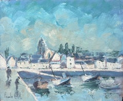 Turquoise Bright Blue & Sky French Town Harbour Oil Painting