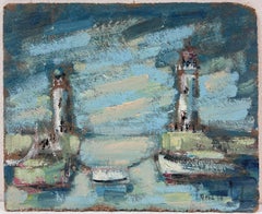 Twin Lighthouses Standing Tall Over a Calm Blue Seascape with Boats at Anchor