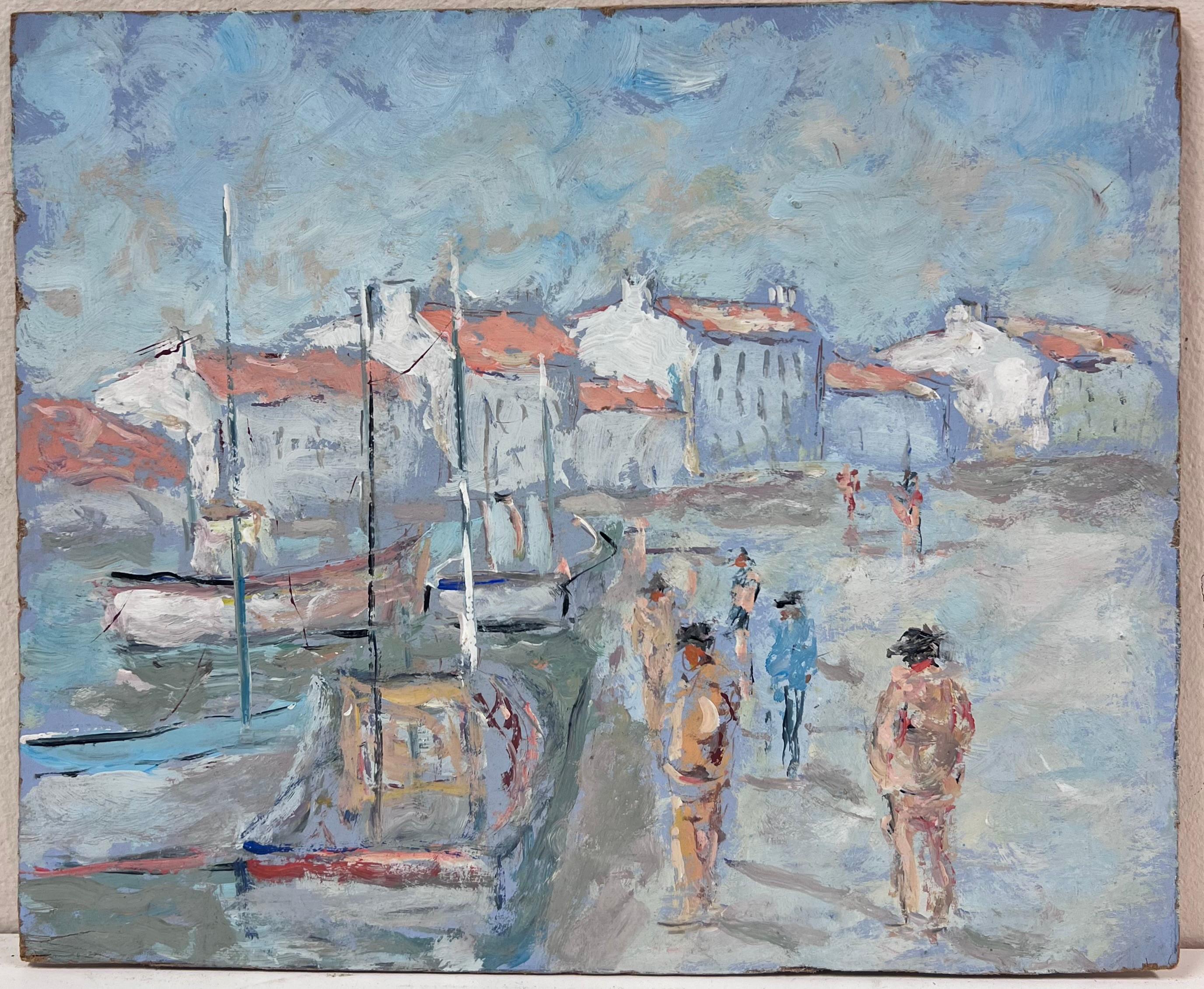 Figures agenouillées le long du port, paysage impressionniste français - Painting de Fanch Lel