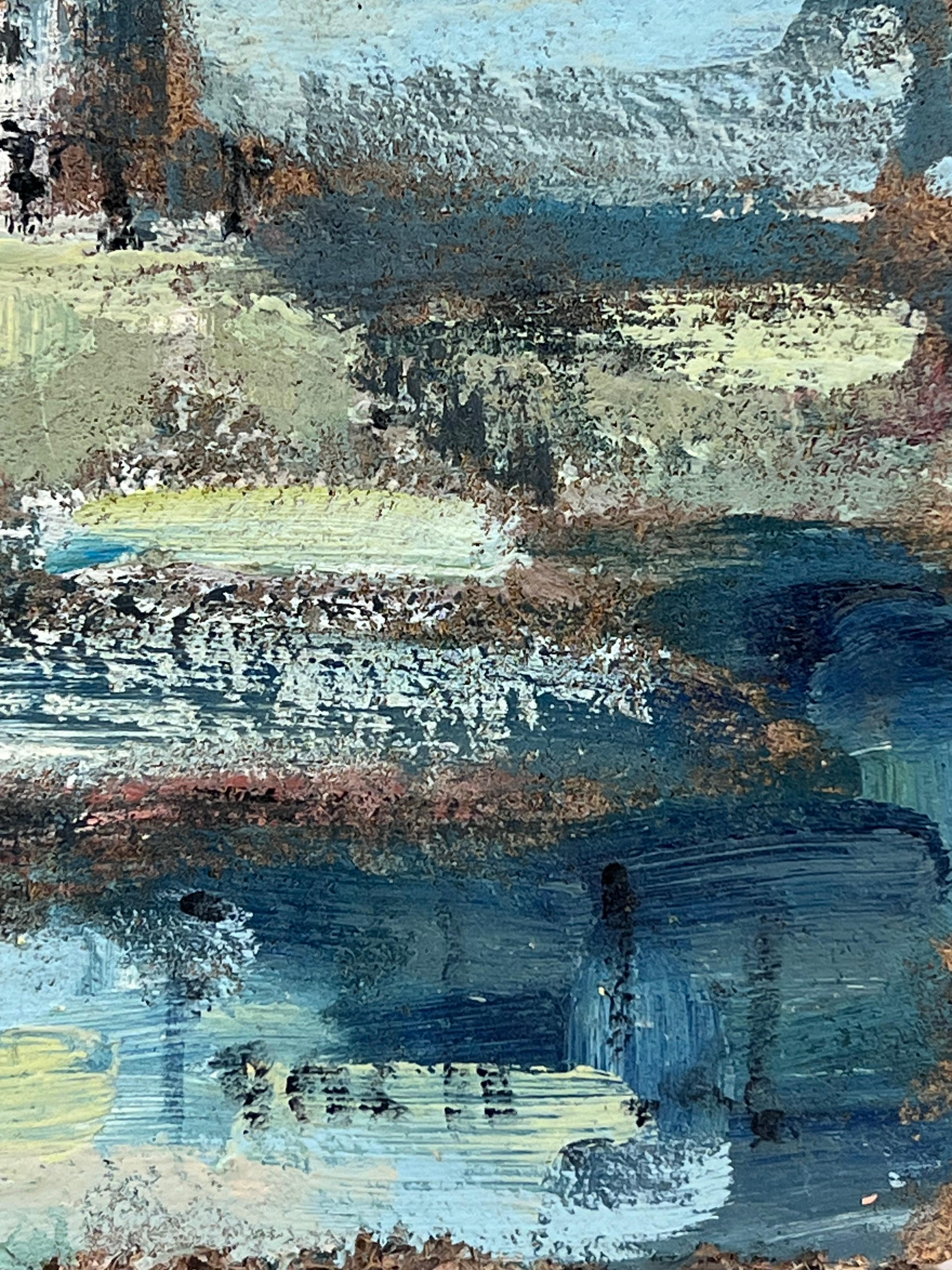 Fari gemelli che si ergono alti su un paesaggio marino blu e calmo con barche all'ancora - Painting Impressionismo di Fanch Lel