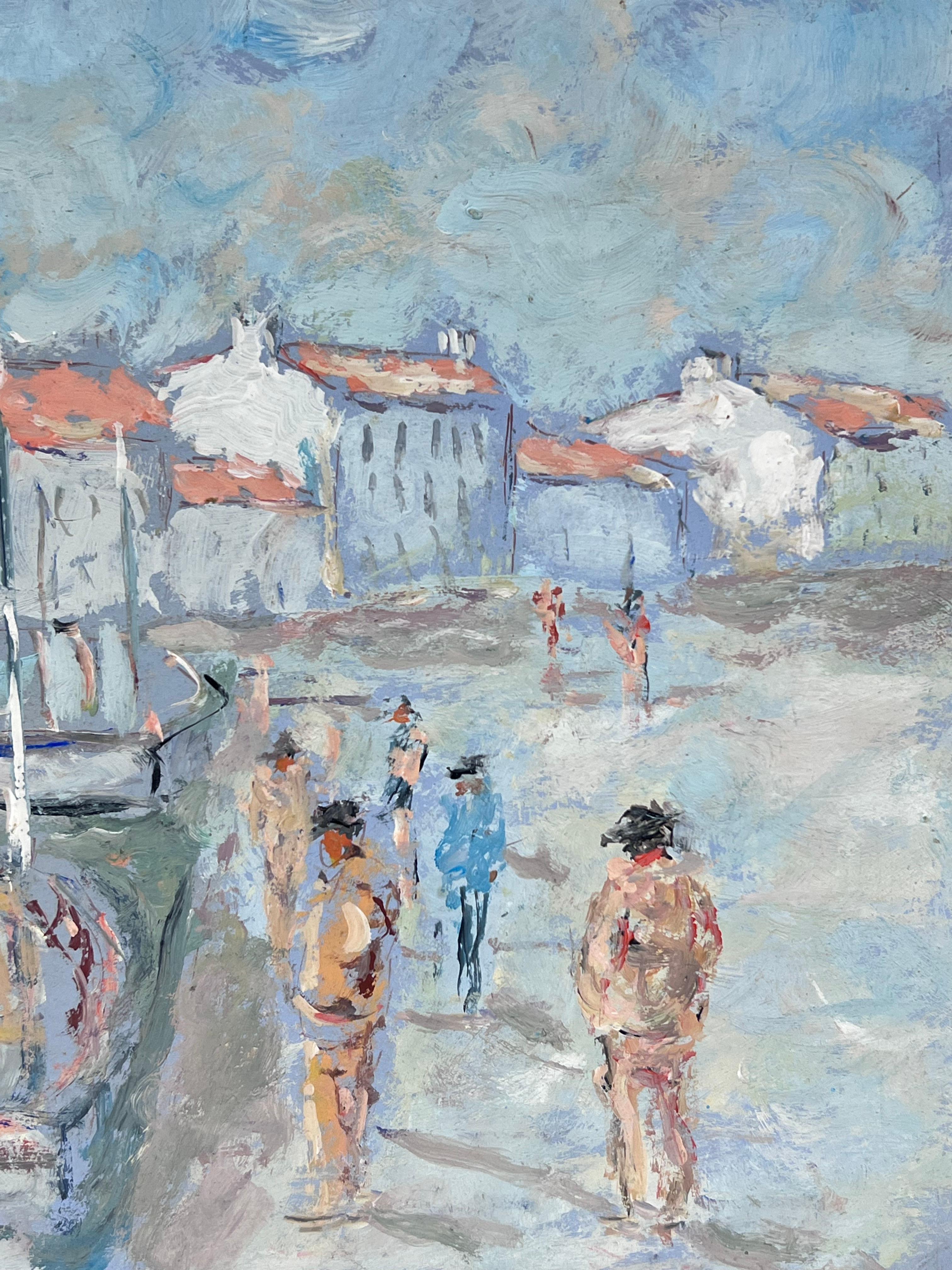 Figures agenouillées le long du port, paysage impressionniste français - Impressionnisme Painting par Fanch Lel