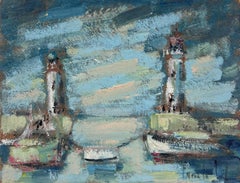 Twin Lighthouses Standing Tall Over a Calm Blue Seascape with Boats at Anchor