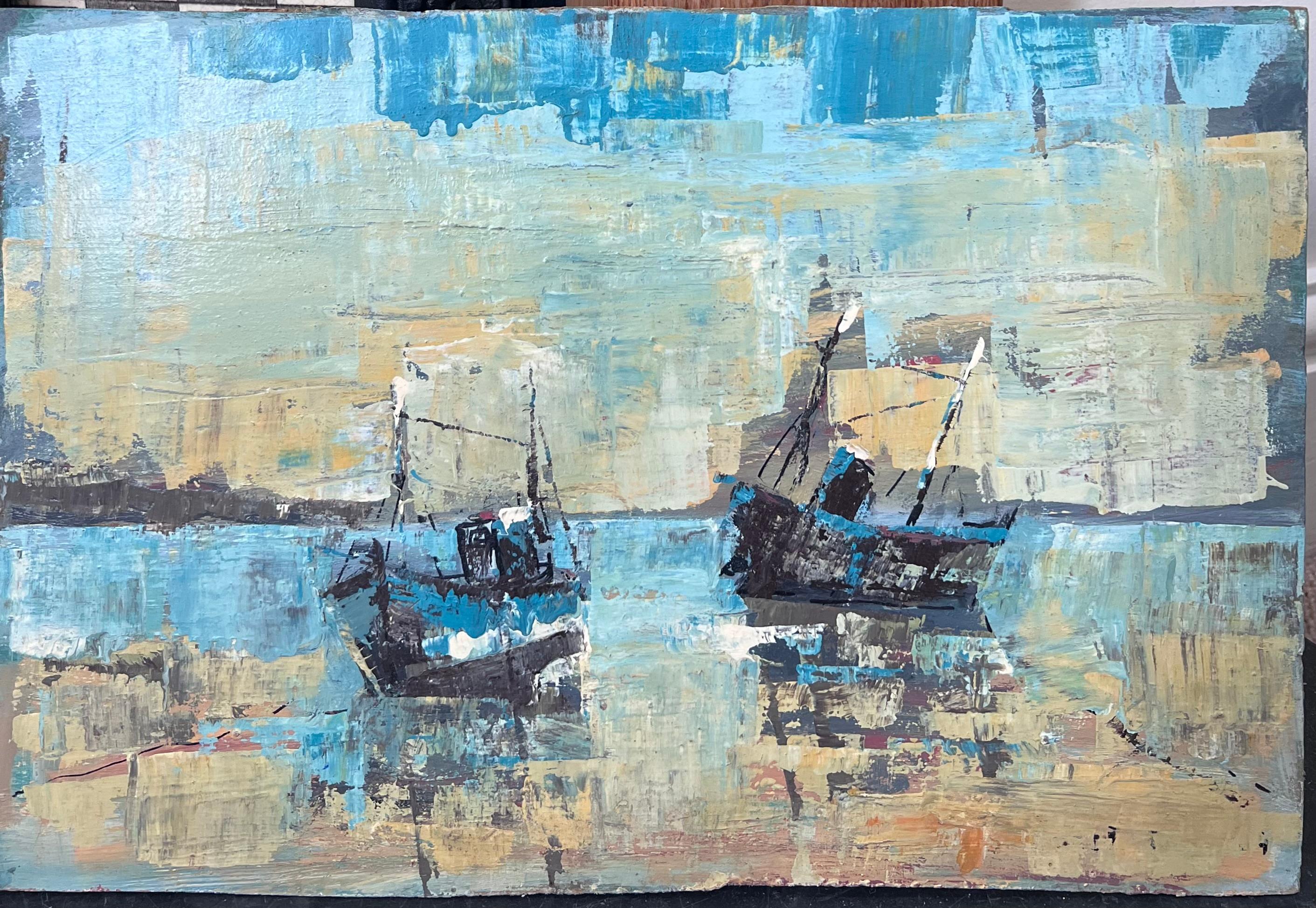 Deux bateaux en style abstrait bleu vif Baie de mer Paysage français Peinture à l'huile - Painting de Fanch Lel