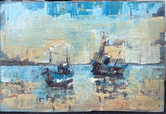 Zwei Boote im abstrakten Stil Hellblaues Meer Bucht Französisch Landschaft Ölgemälde