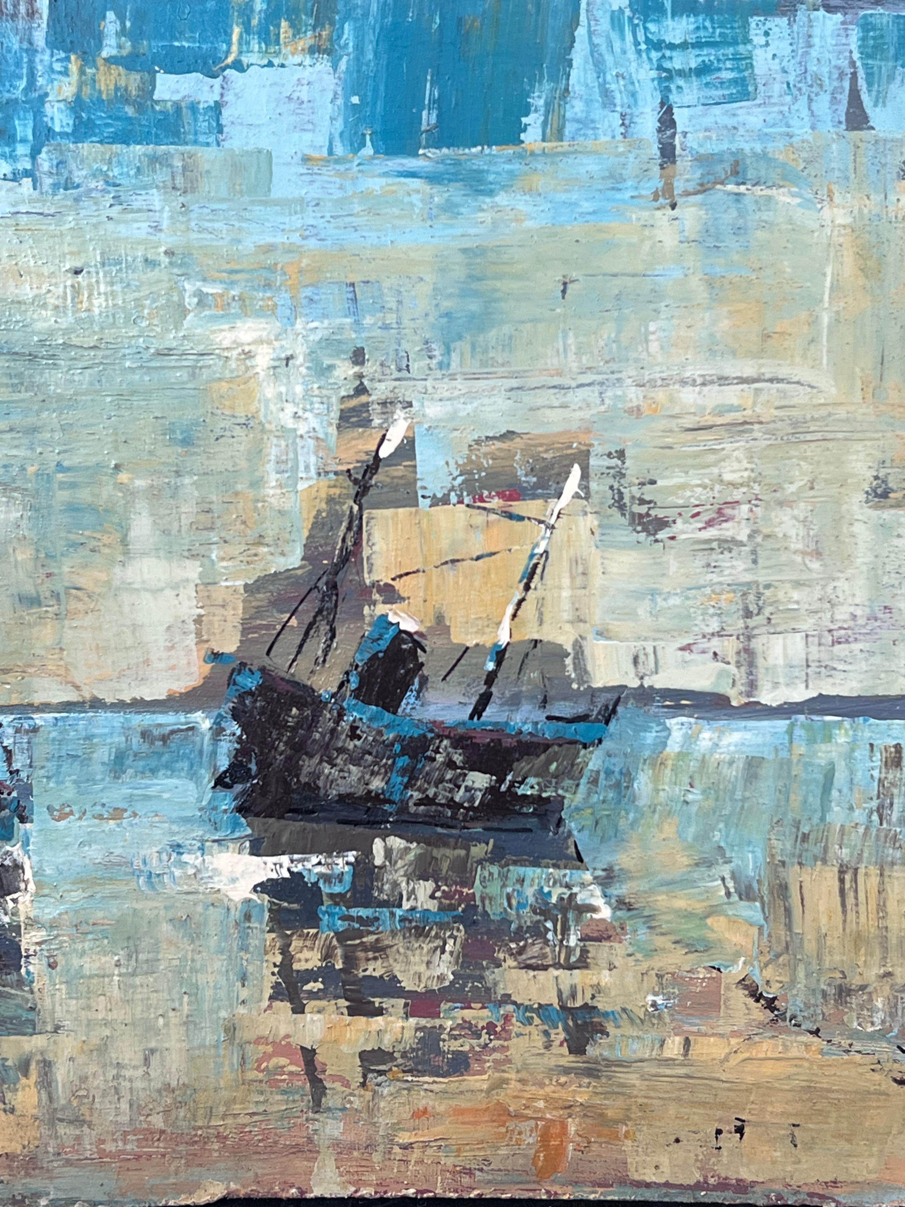 Deux bateaux en style abstrait bleu vif Baie de mer Paysage français Peinture à l'huile - Impressionnisme Painting par Fanch Lel