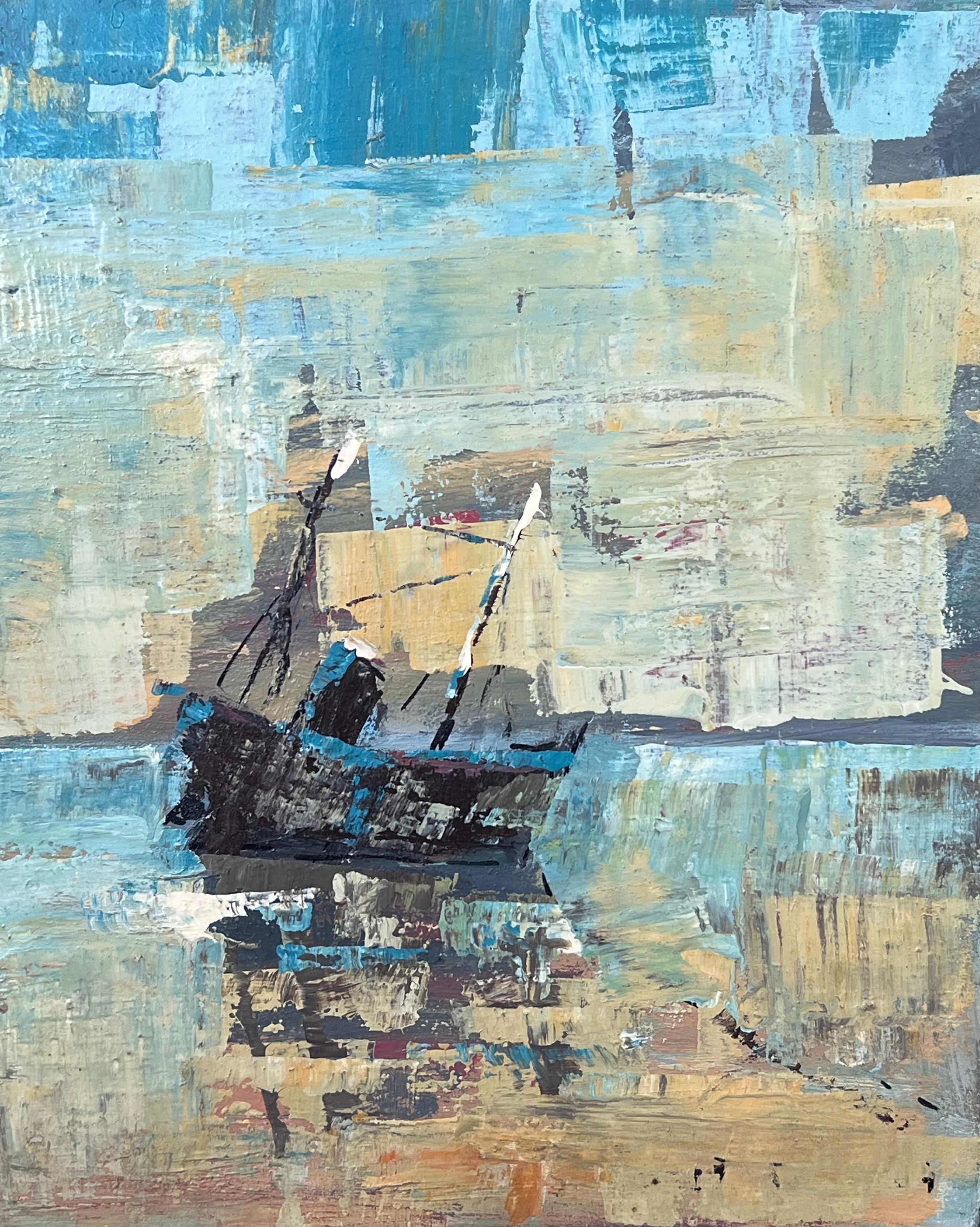Deux bateaux en style abstrait bleu vif Baie de mer Paysage français Peinture à l'huile en vente 1